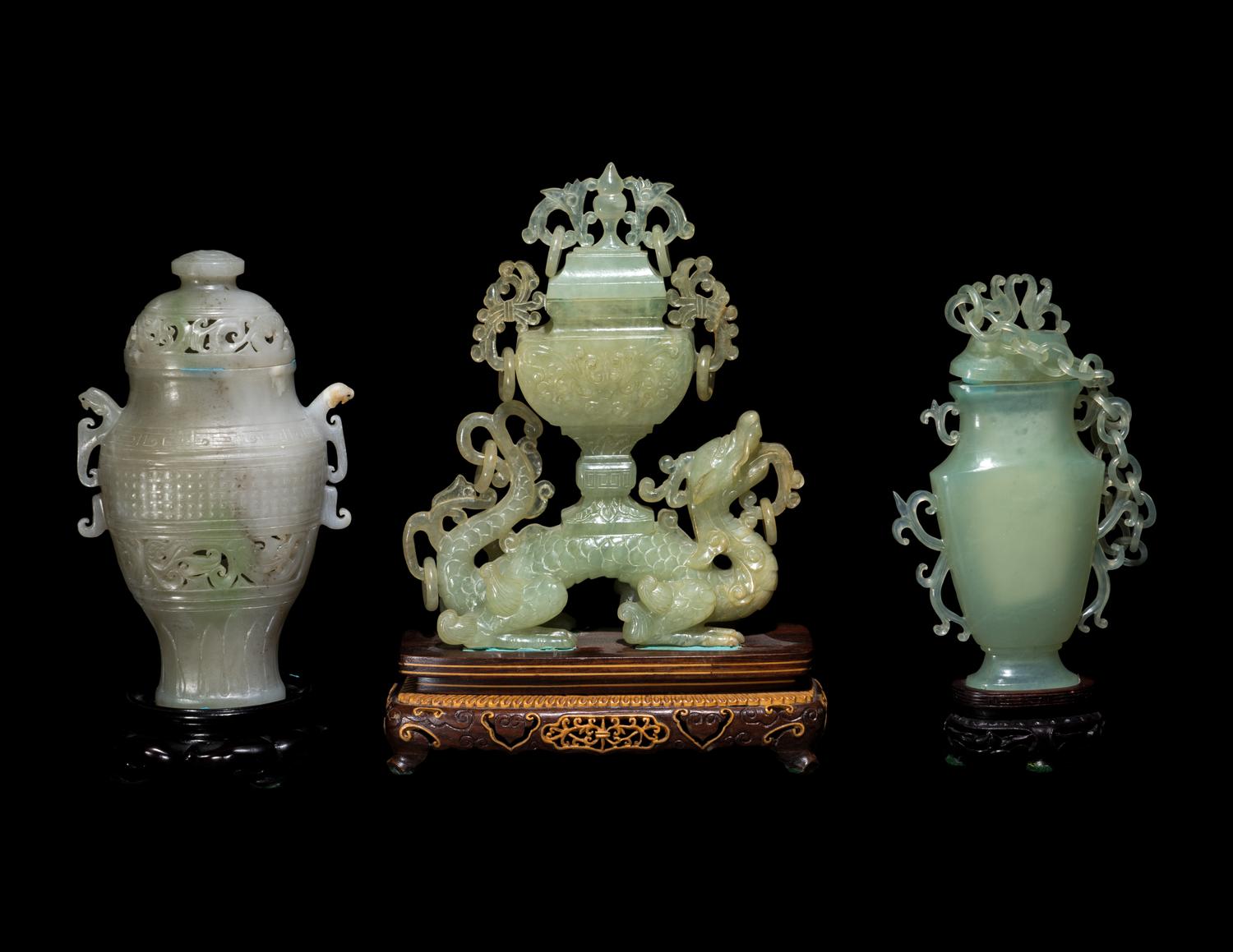 Three Chinese Jadeite and Serpentine Covered Vases