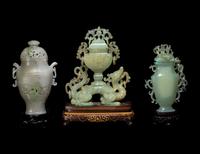 Three Chinese Jadeite and Serpentine Covered Vases