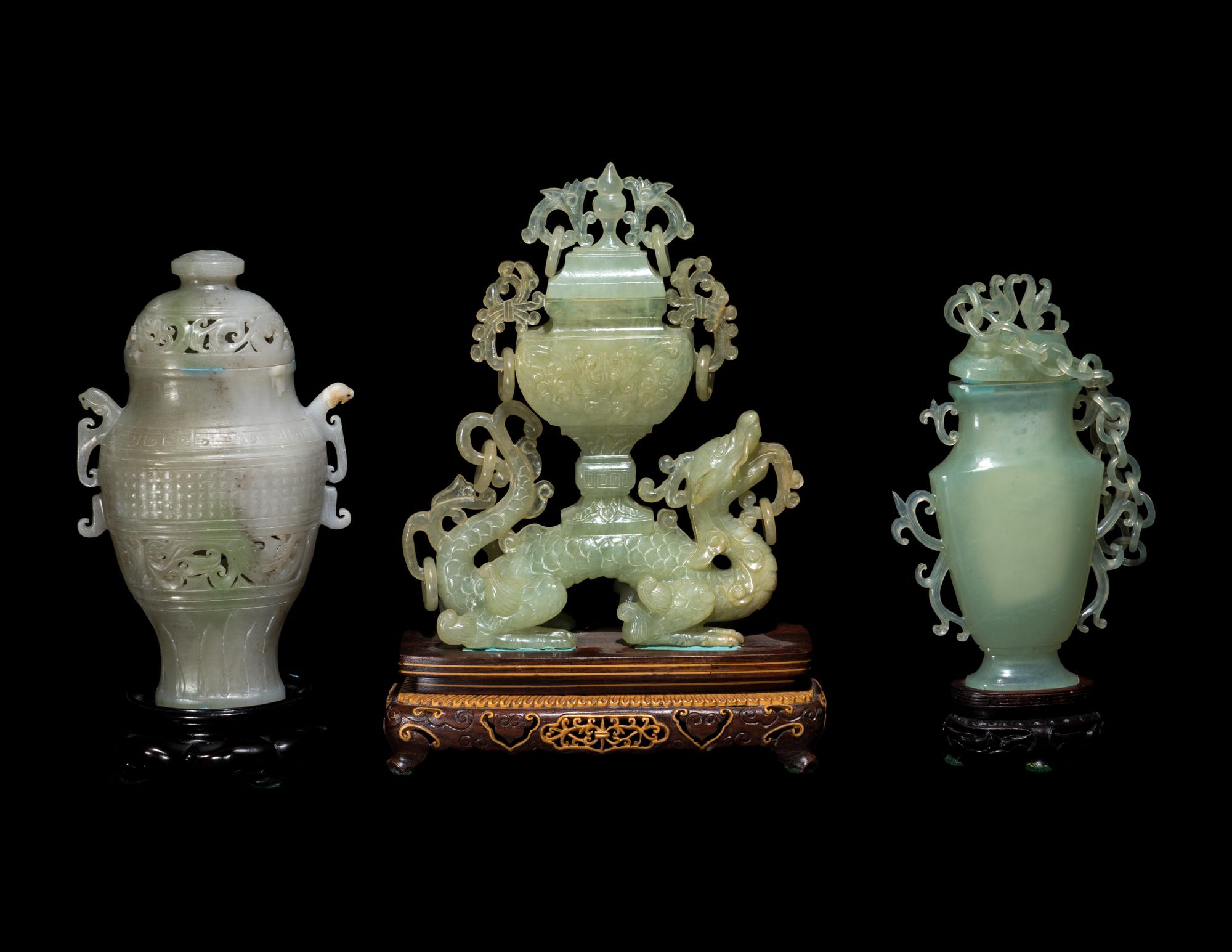 Three Chinese Jadeite and Serpentine Covered Vases