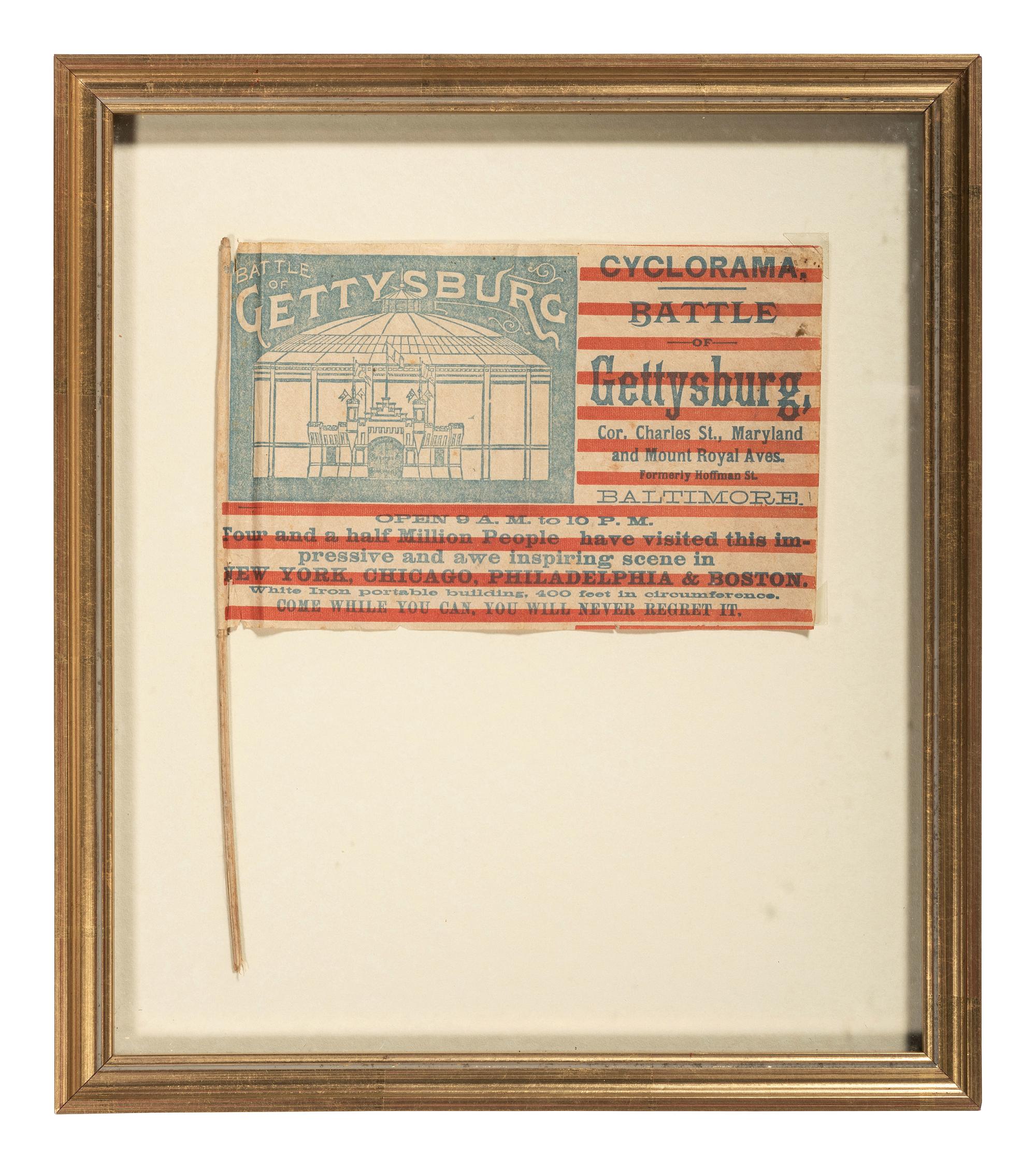[CIVIL WAR - FLAGS]. Paper flag promoting the Battle of Gettysburg Cyclorama in Baltimore, Maryland. 1890.