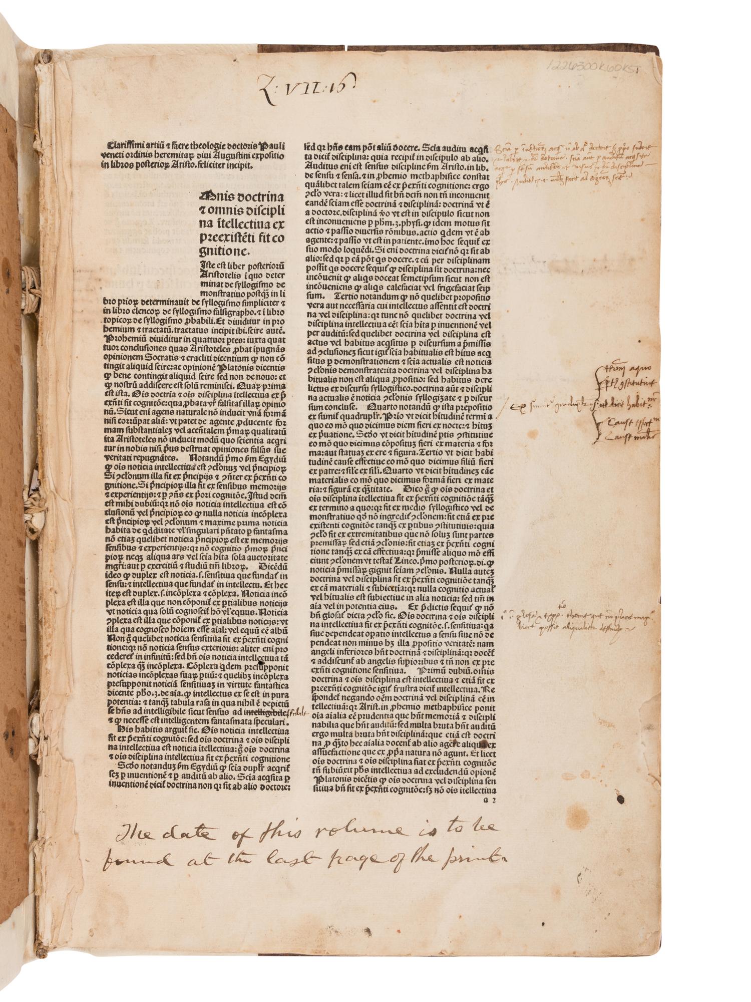 [INCUNABULA]. PAULUS VENETUS (1369-1429). Expositio in libros posteriorum Aristotelis . Venice: Guliermu[s] de Mo[n]teferrato [i.e. Gulielmo 'Anima Mea'], 11 August, 1486.