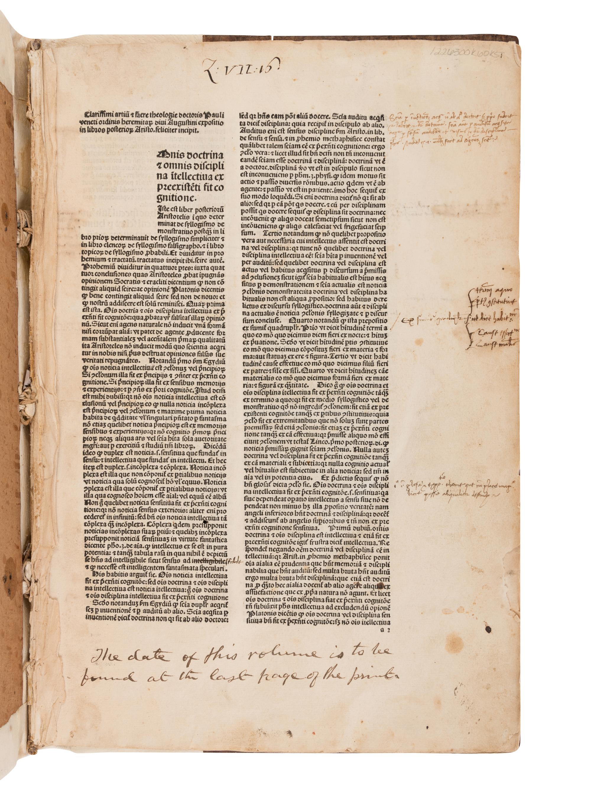 [INCUNABULA]. PAULUS VENETUS (1369-1429). Expositio in libros posteriorum Aristotelis . Venice: Guliermu[s] de Mo[n]teferrato [i.e. Gulielmo 'Anima Mea'], 11 August, 1486.