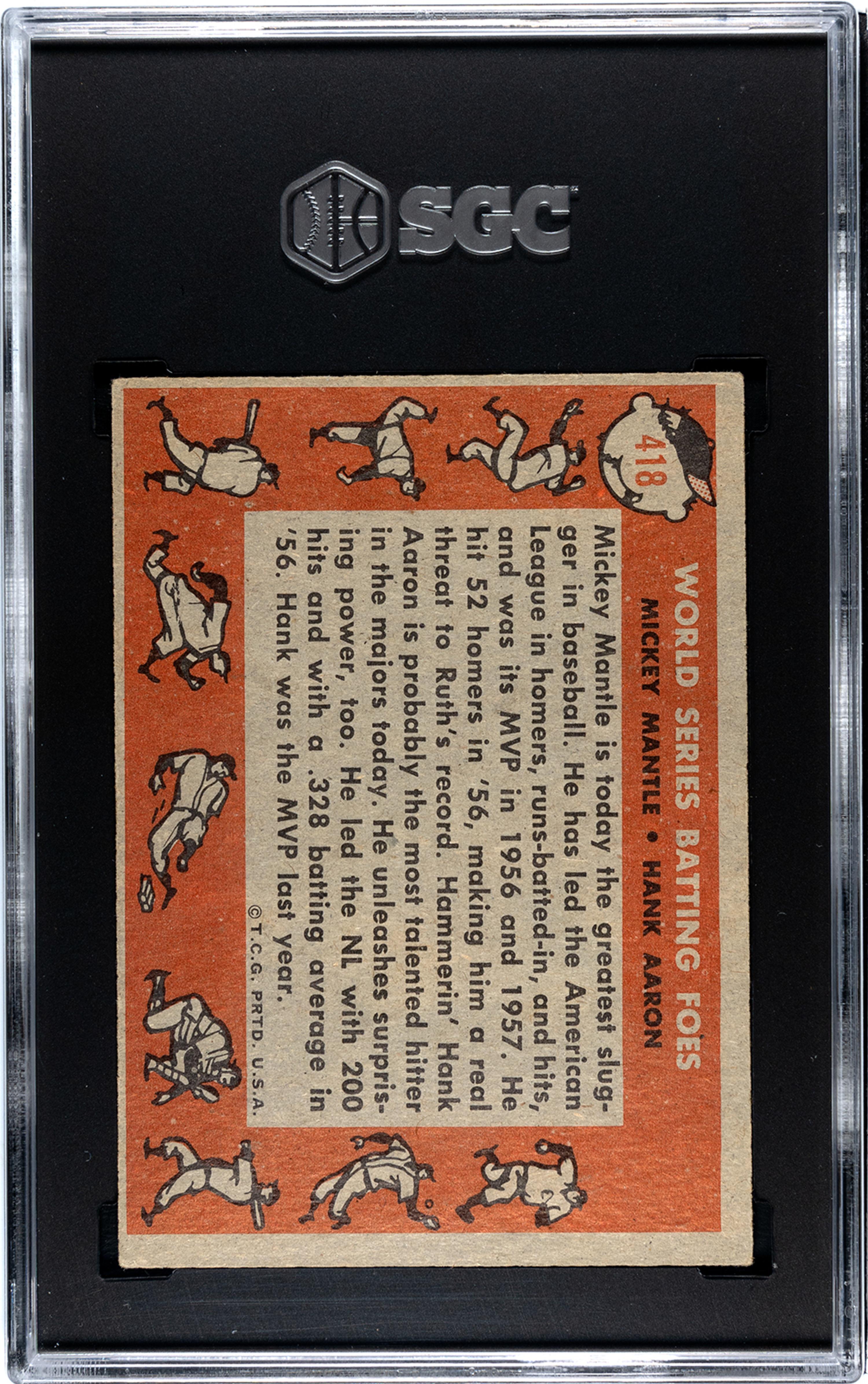 A 1958 Topps Mickey Mantle / Hank Aaron World Series Batting Foes Baseball Card No. 418 (SGC 4.5 VG-EX+)