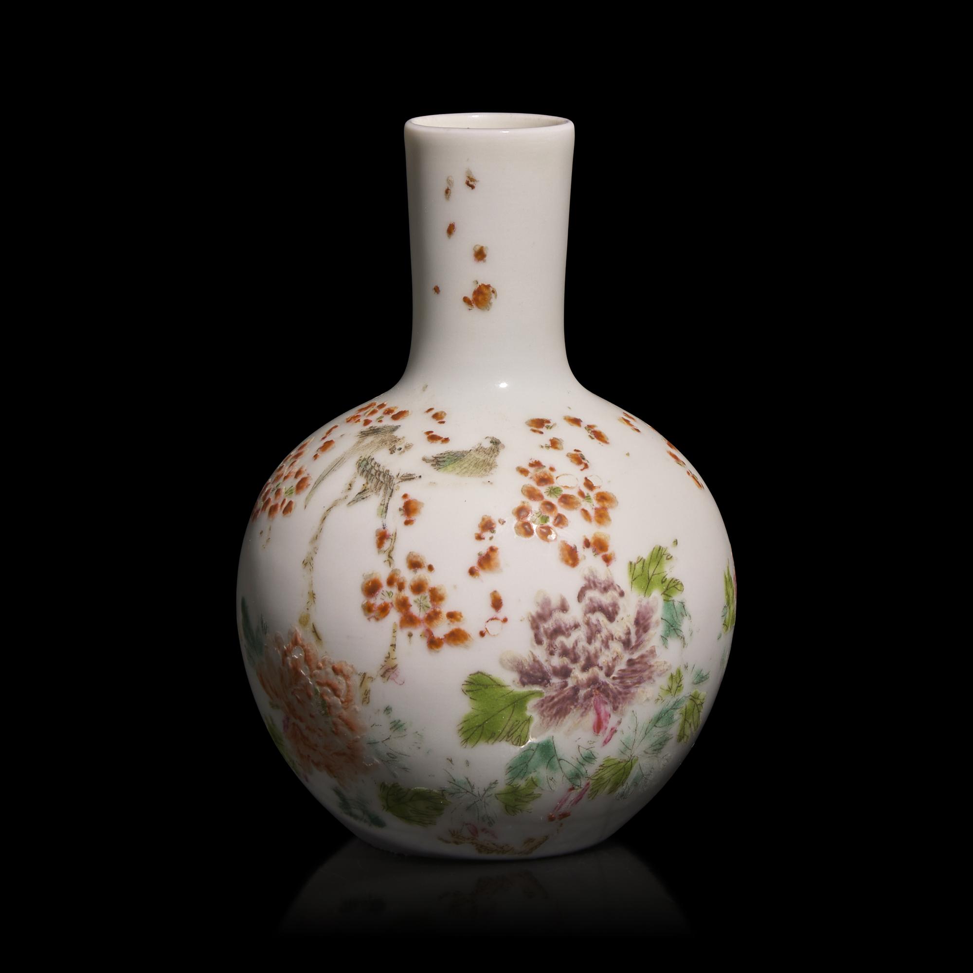 A Small Chinese Enameled Porcelain Cabinet Vase, Tongzhi Four-Character Mark and Possibly of the Period — 或同治 粉彩花鳥紋小瓶