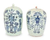 Two Chinese Blue and White 'Bogu' Motif Porcelain Jars and Covers