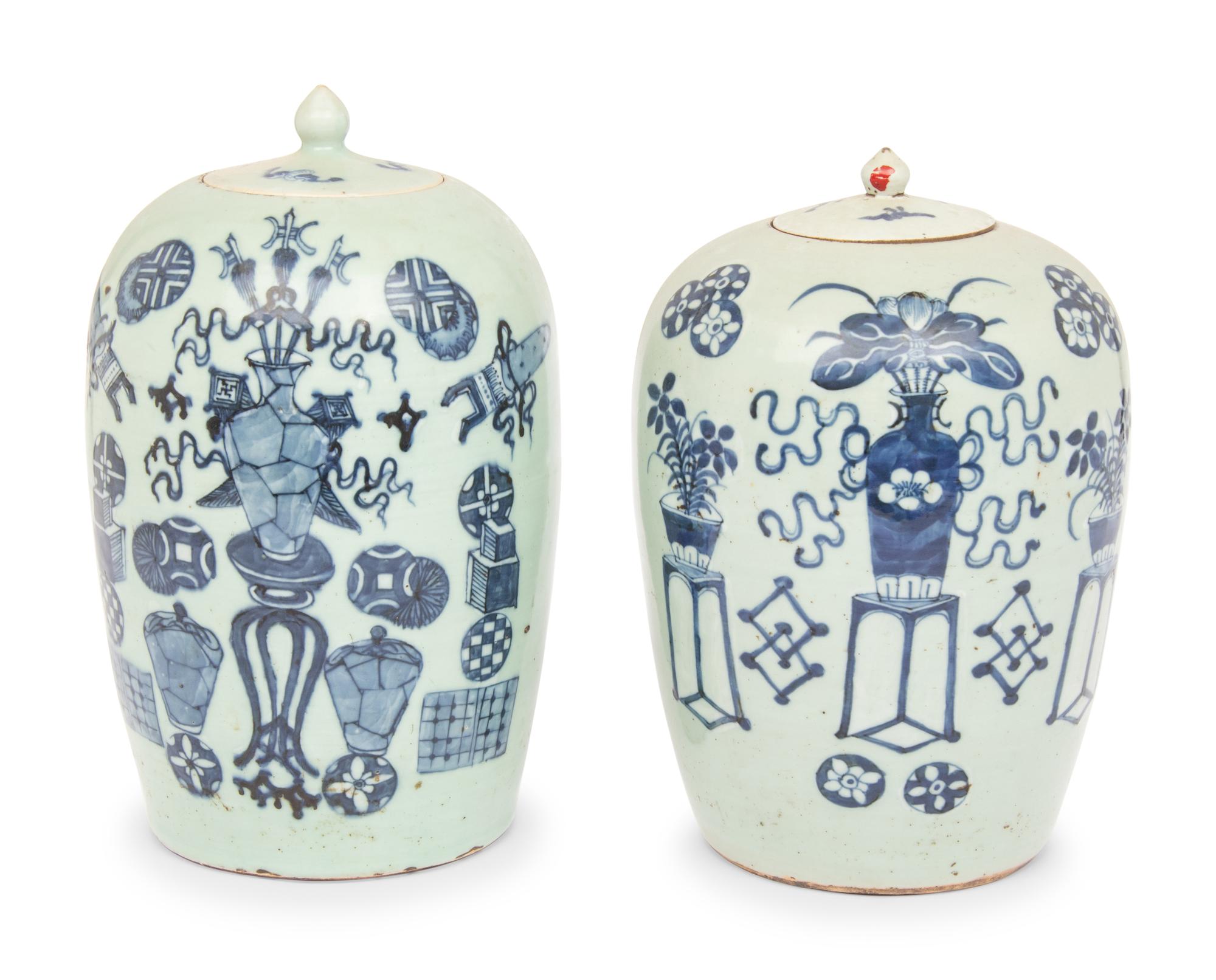Two Chinese Blue and White 'Bogu' Motif Porcelain Jars and Covers