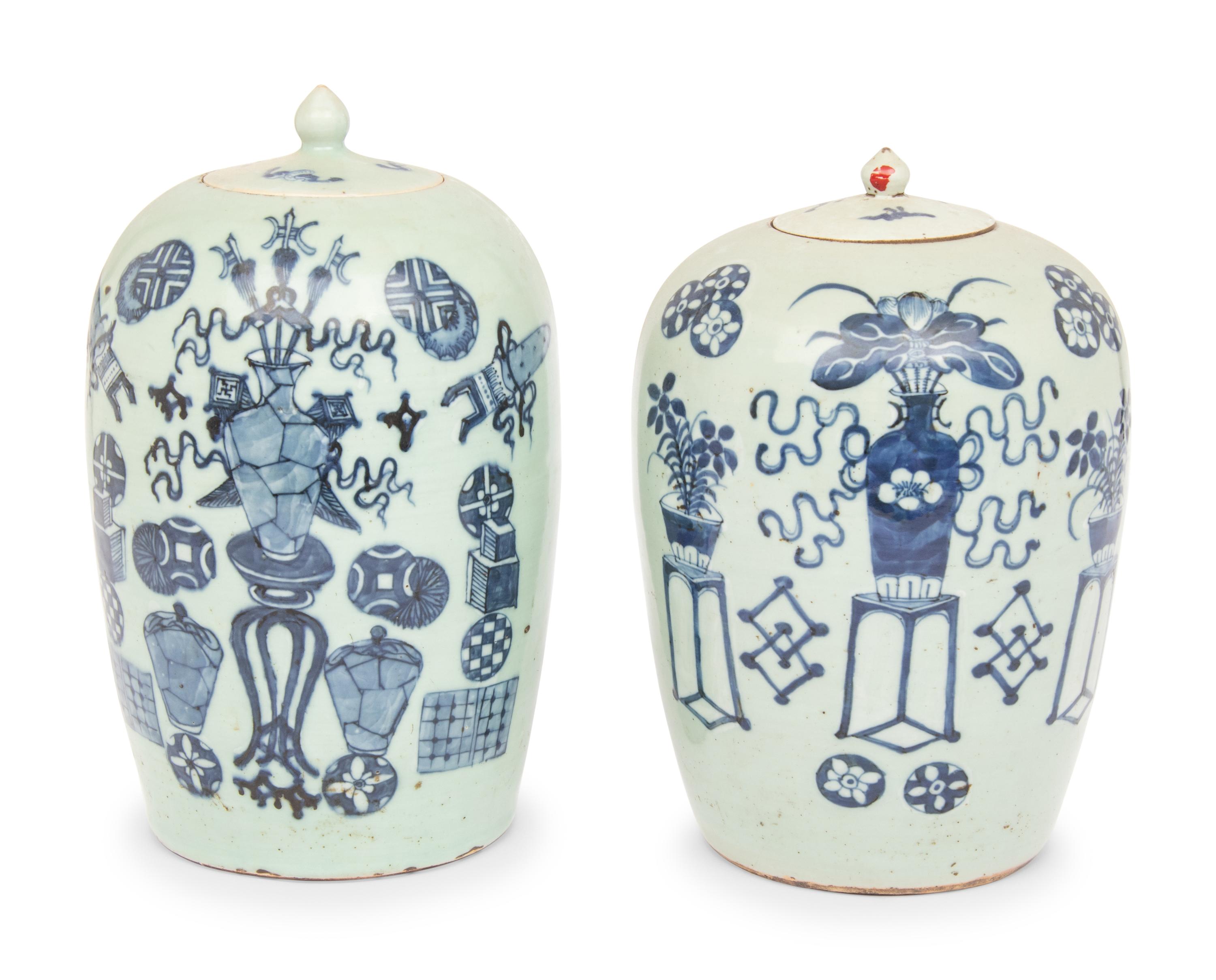 Two Chinese Blue and White 'Bogu' Motif Porcelain Jars and Covers