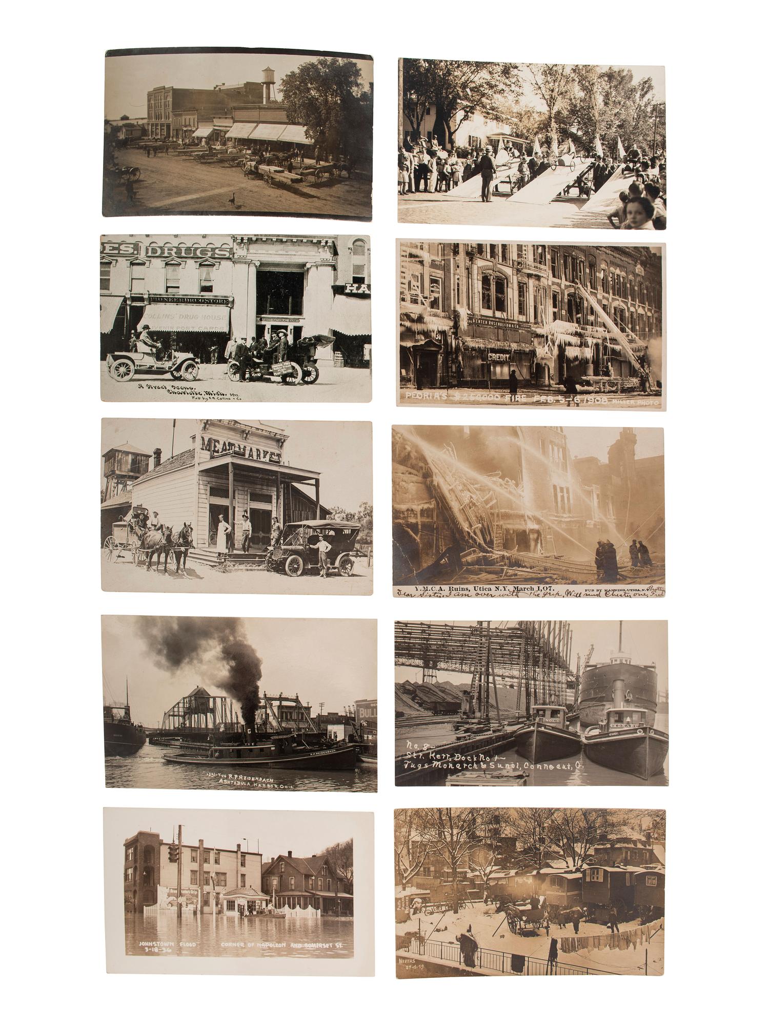 [EARLY PHOTOGRAPHY]. A group of 42 real photo postcards of cityscapes, town activities and disasters, parades, circuses, and fairs, highlighted by view of a child labor protest, an elephant parade, and bronco busting.