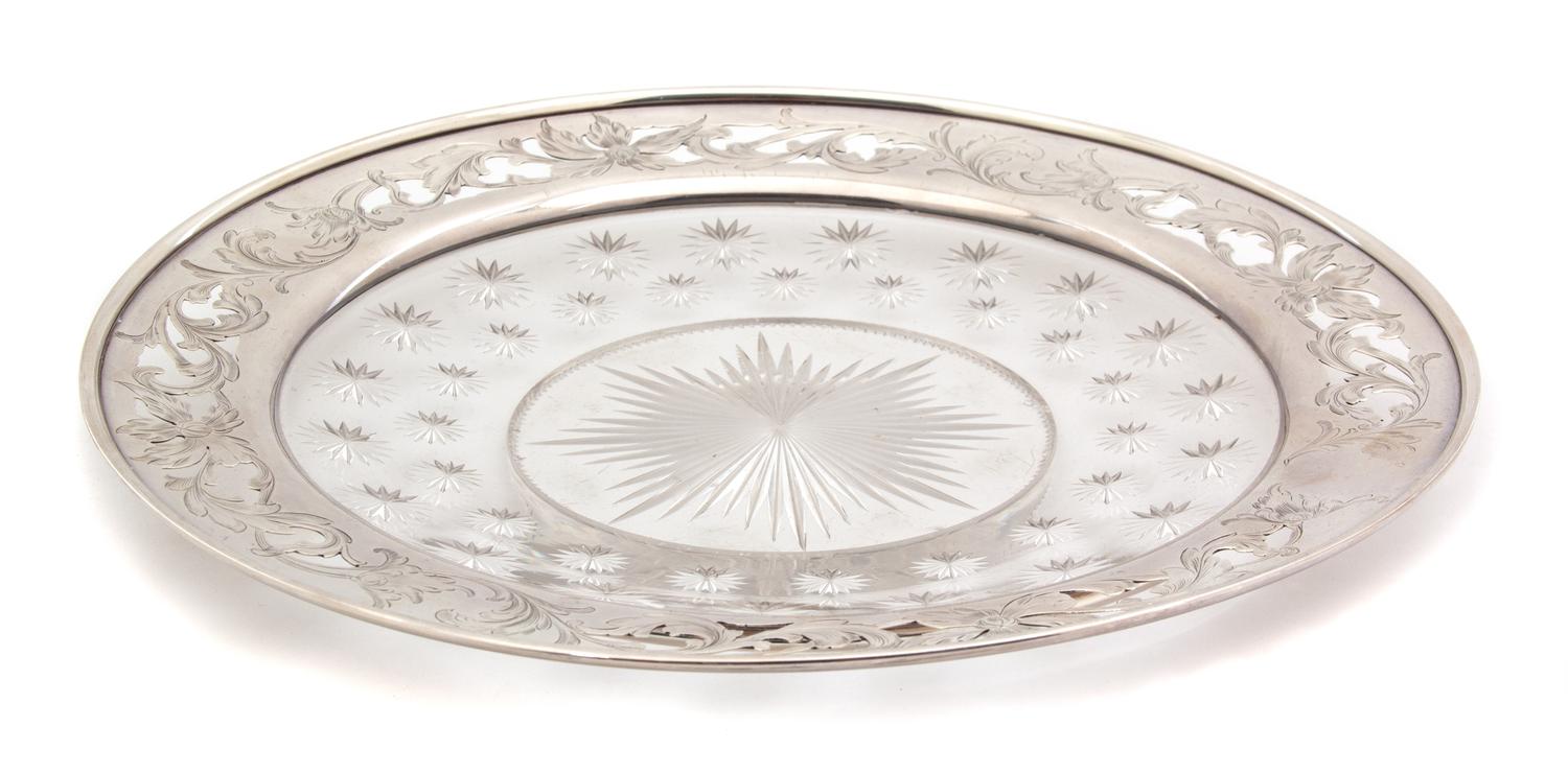 An American Silver Rimmed Cut Glass Dish, 20th Century, having star burst design