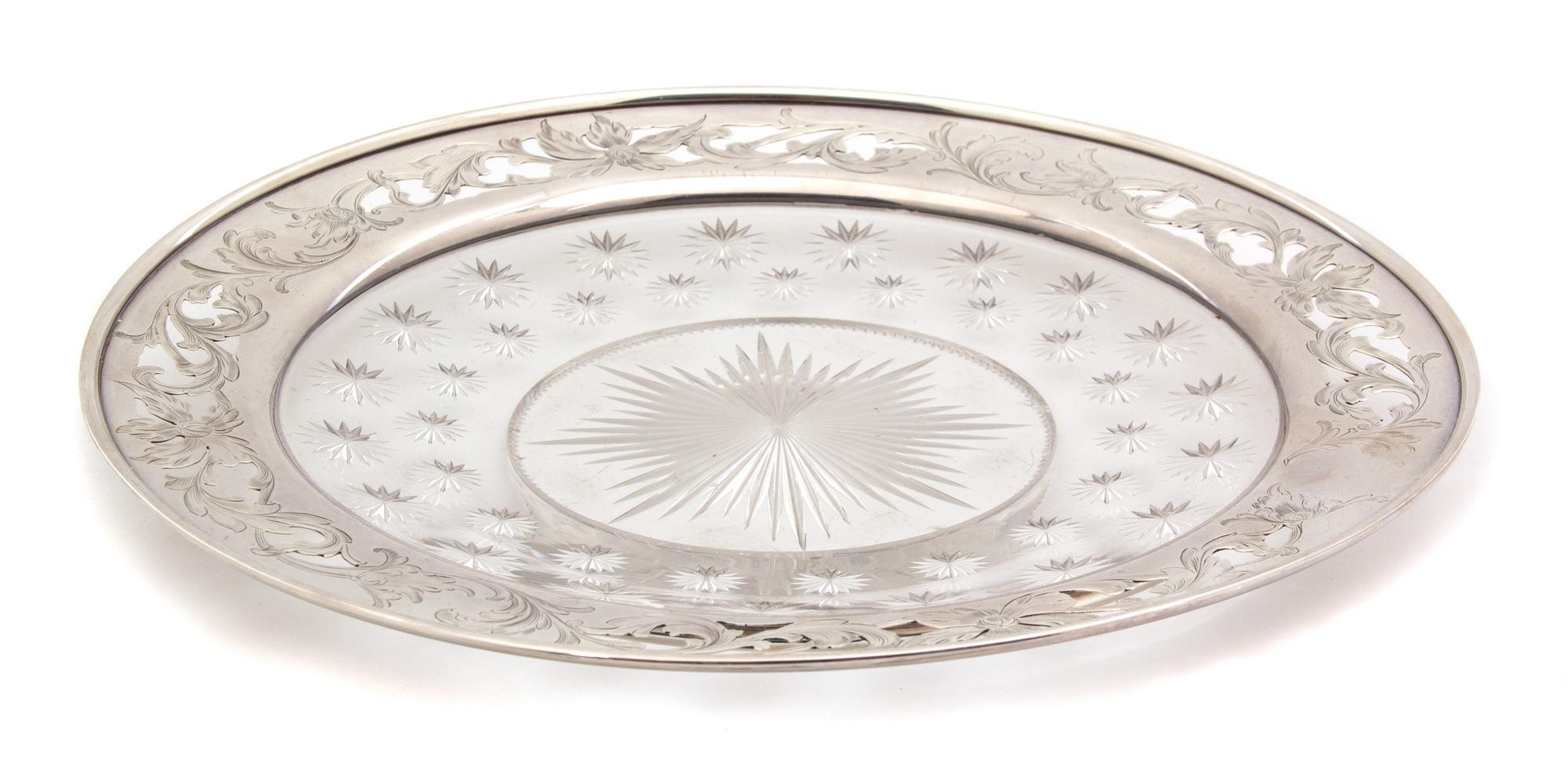 An American Silver Rimmed Cut Glass Dish, 20th Century, having star burst design
