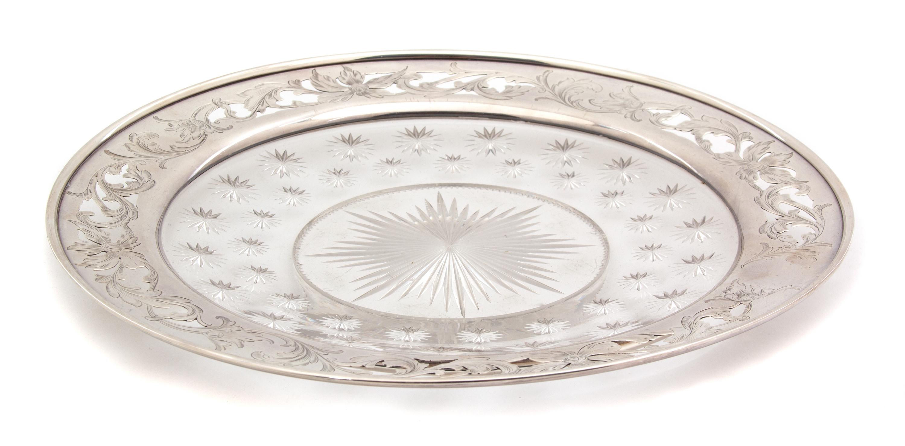 An American Silver Rimmed Cut Glass Dish, 20th Century, having star burst design
