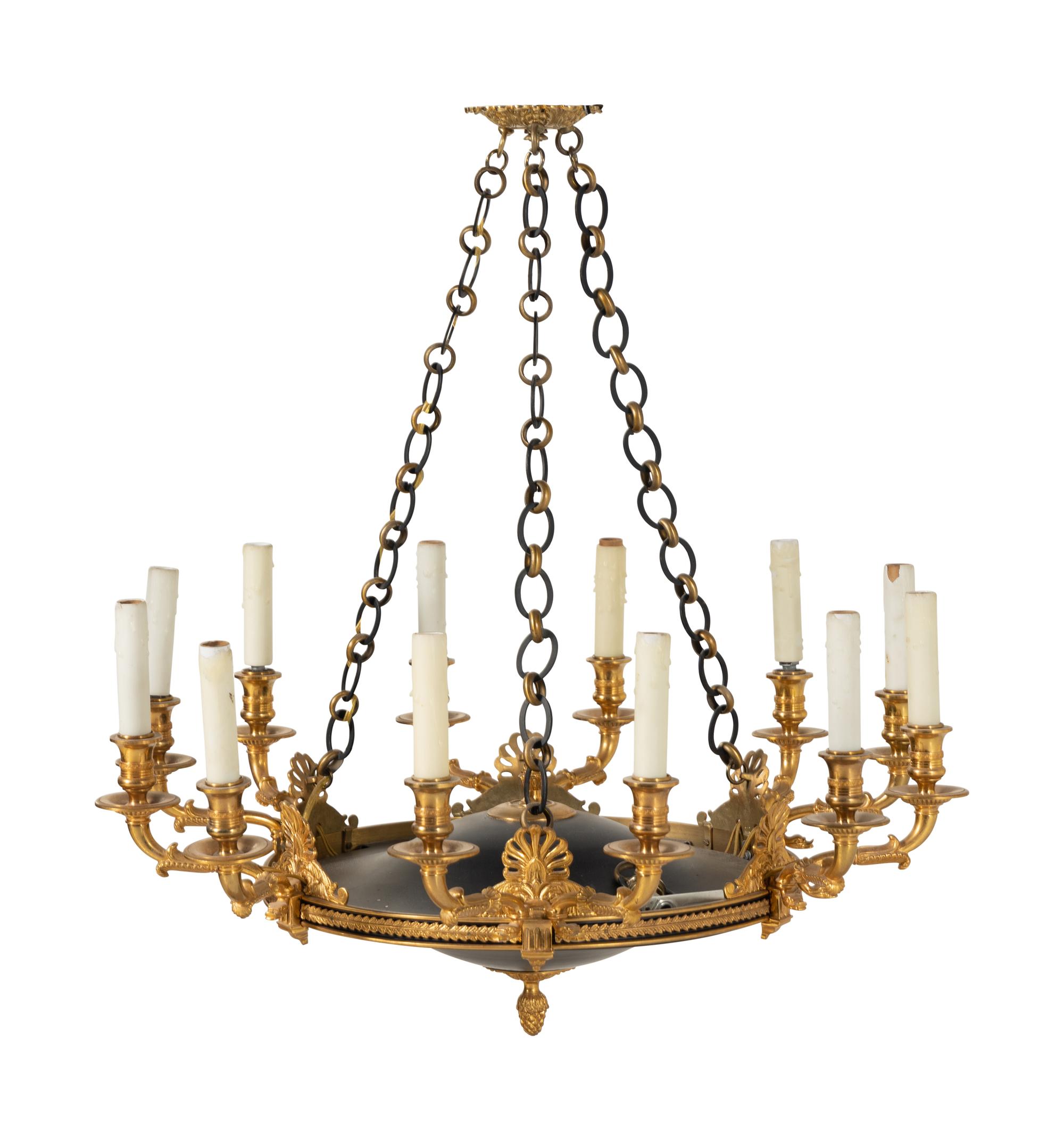 An Empire Style Gilt Bronze and Tole Ten-Light Chandelier