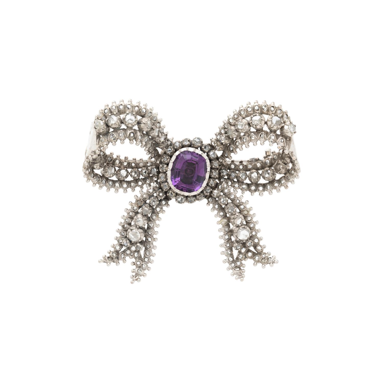 DIAMOND AND AMETHYST BOW BROOCH
