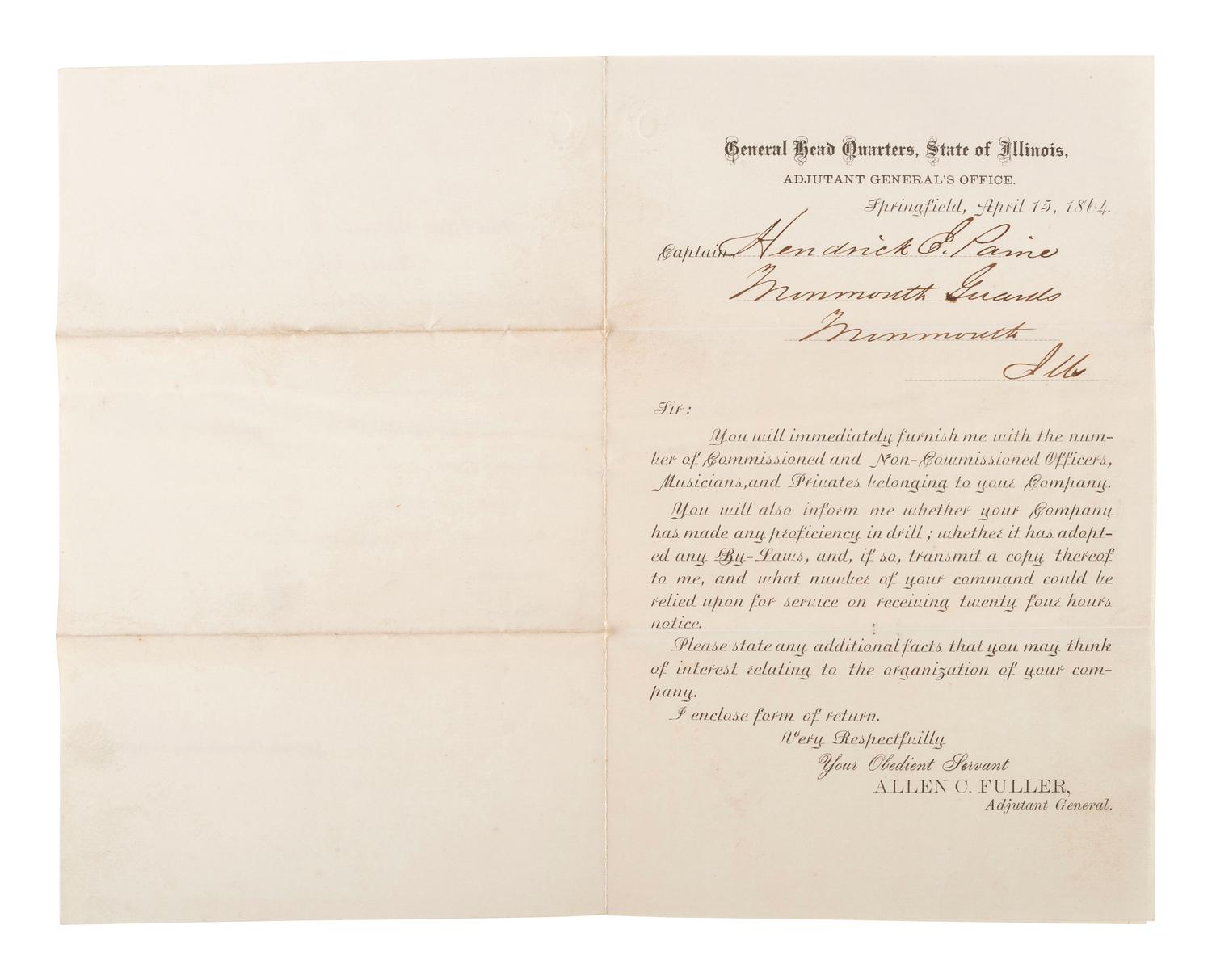 [CIVIL WAR]. A group of Civil War-era documents including Provost Marshal's Office orders warning drafted men to report to Head Quarters, Quincy, Illinois, 1 November 1864.