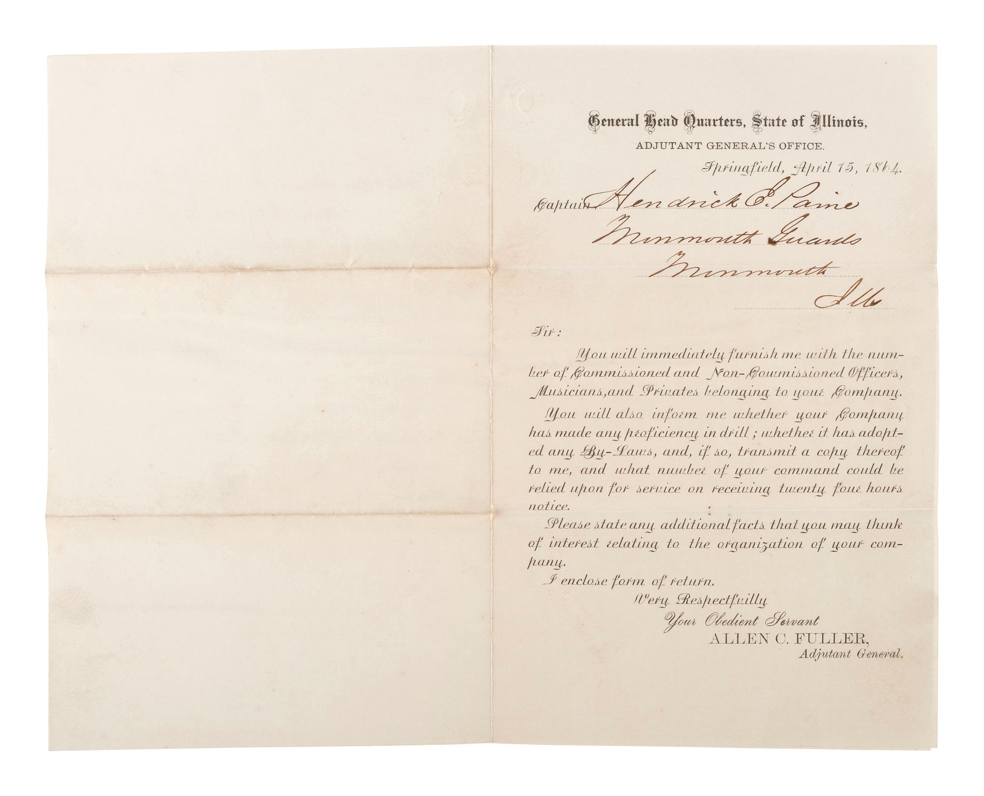 [CIVIL WAR]. A group of Civil War-era documents including Provost Marshal's Office orders warning drafted men to report to Head Quarters, Quincy, Illinois, 1 November 1864.