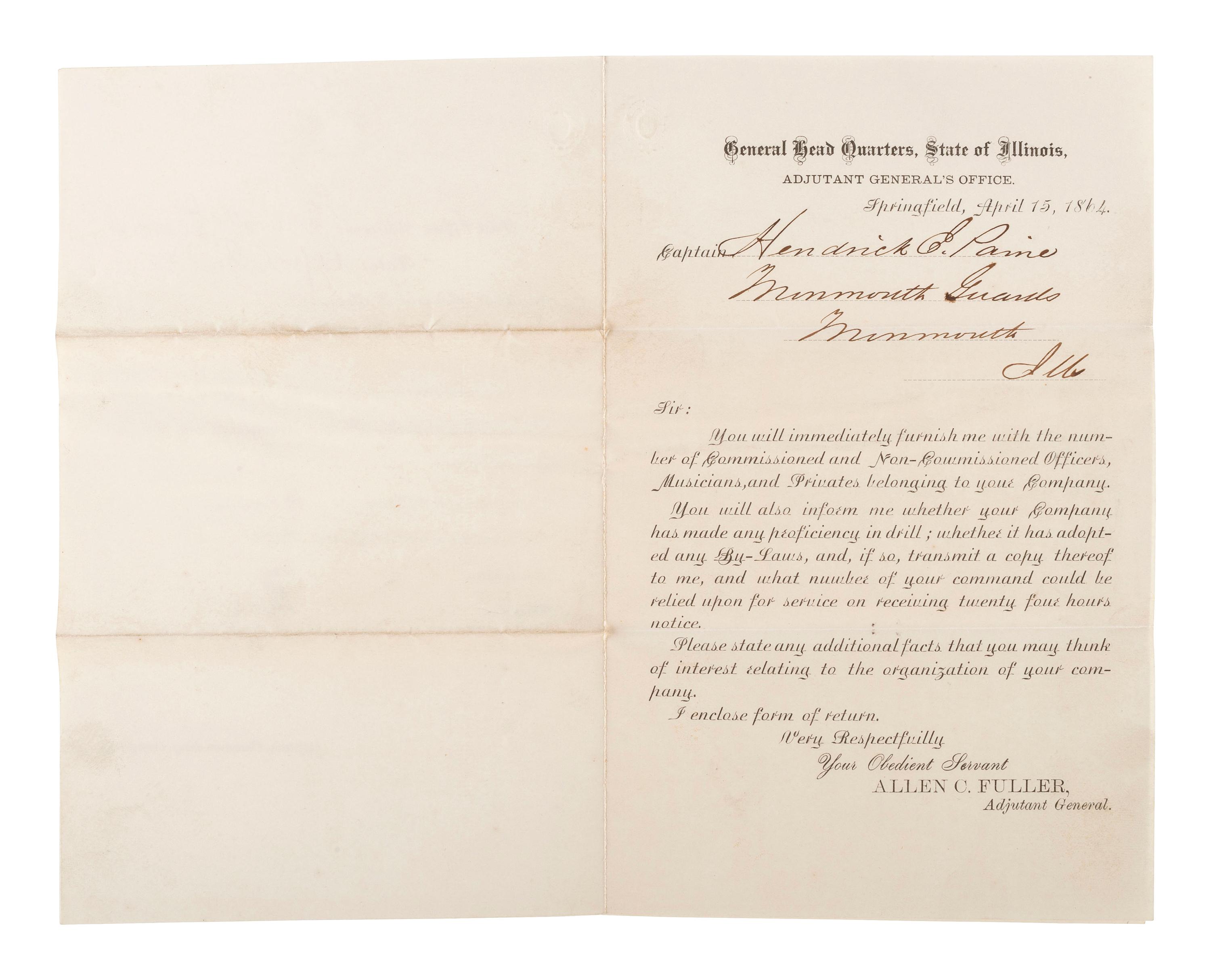 [CIVIL WAR]. A group of Civil War-era documents including Provost Marshal's Office orders warning drafted men to report to Head Quarters, Quincy, Illinois, 1 November 1864.