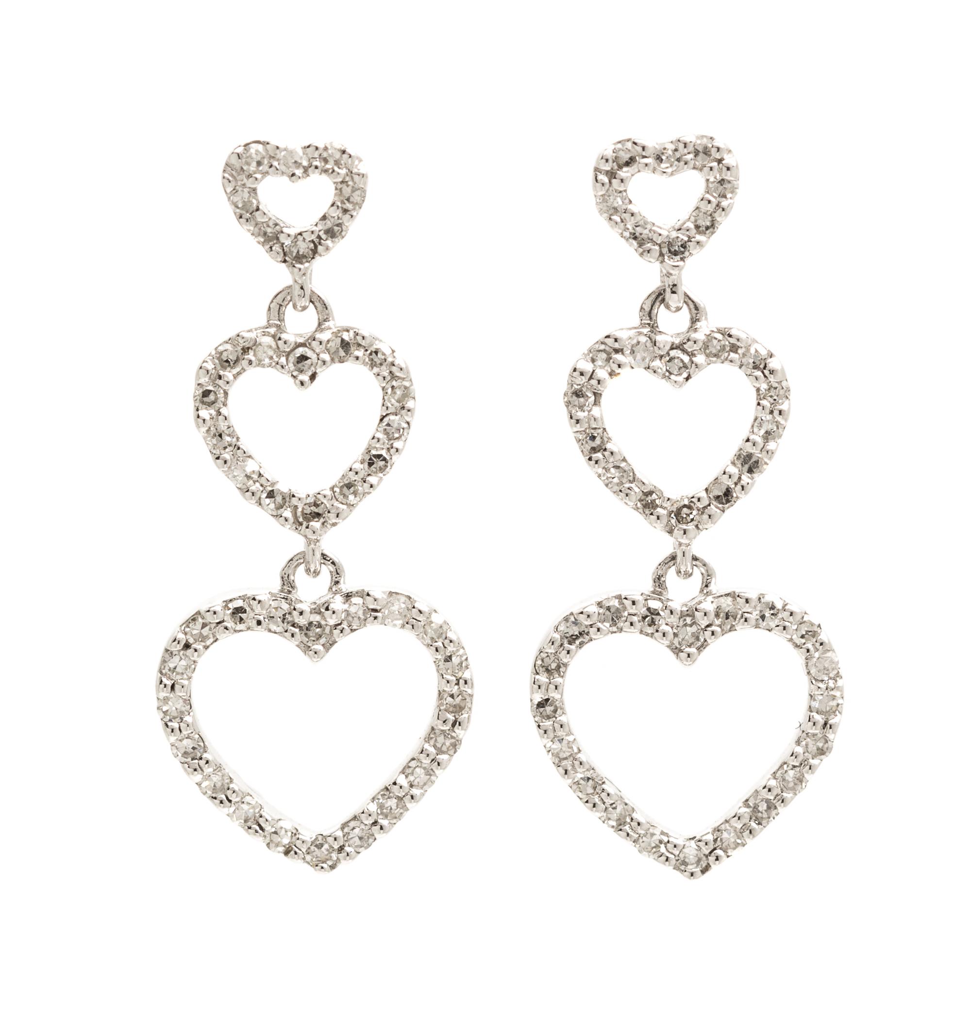 A Pair of 14 Karat White Gold and Diamond Triple Heart Dangle Earrings, 1.90 dwts.