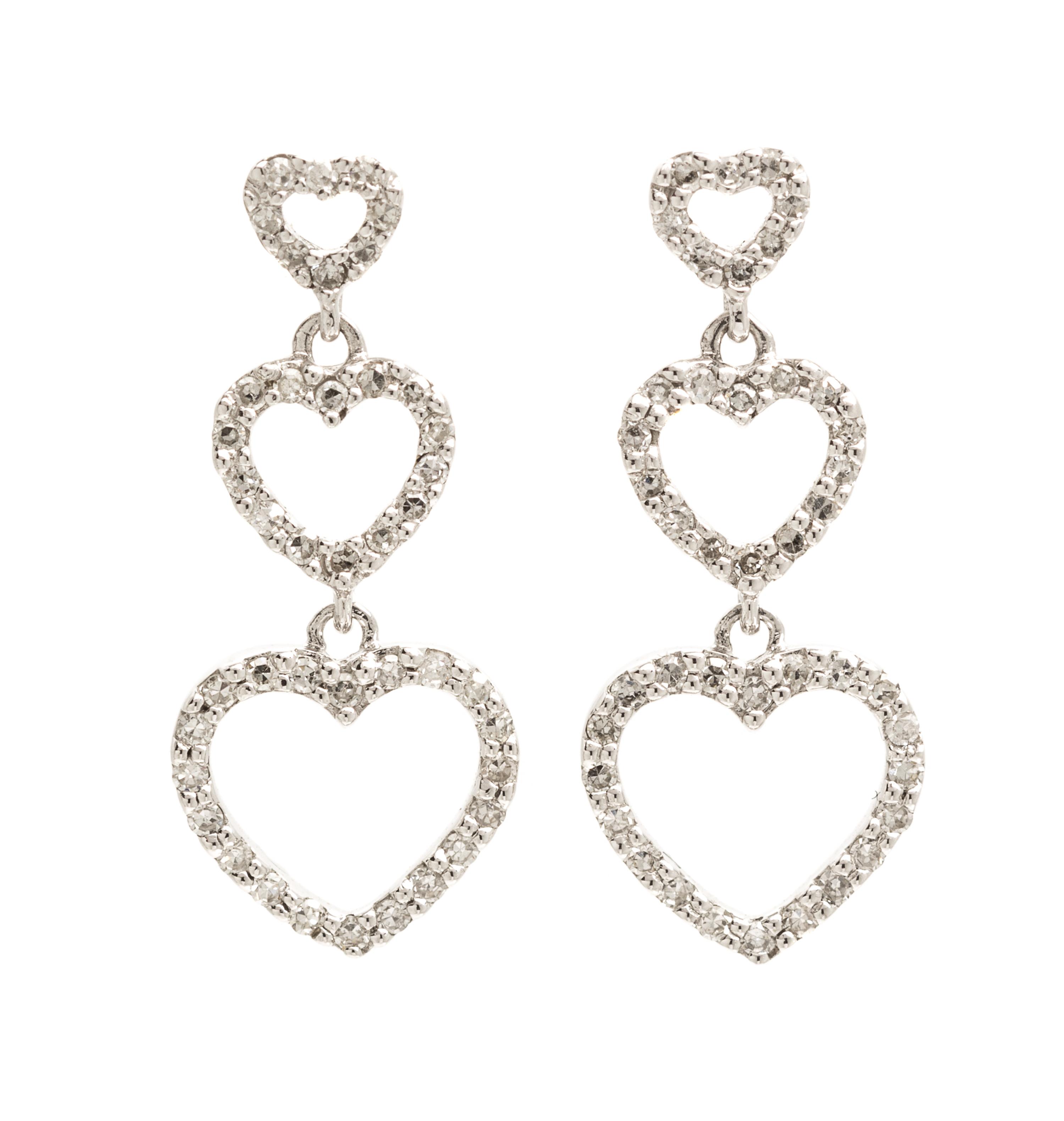 A Pair of 14 Karat White Gold and Diamond Triple Heart Dangle Earrings, 1.90 dwts.