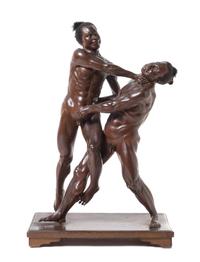 A Carved Wood Figural Group of Iki Ningyo Wrestlers Height 19 3/4 inches. — MEIJI PERIOD, LATE 19TH CENTURY