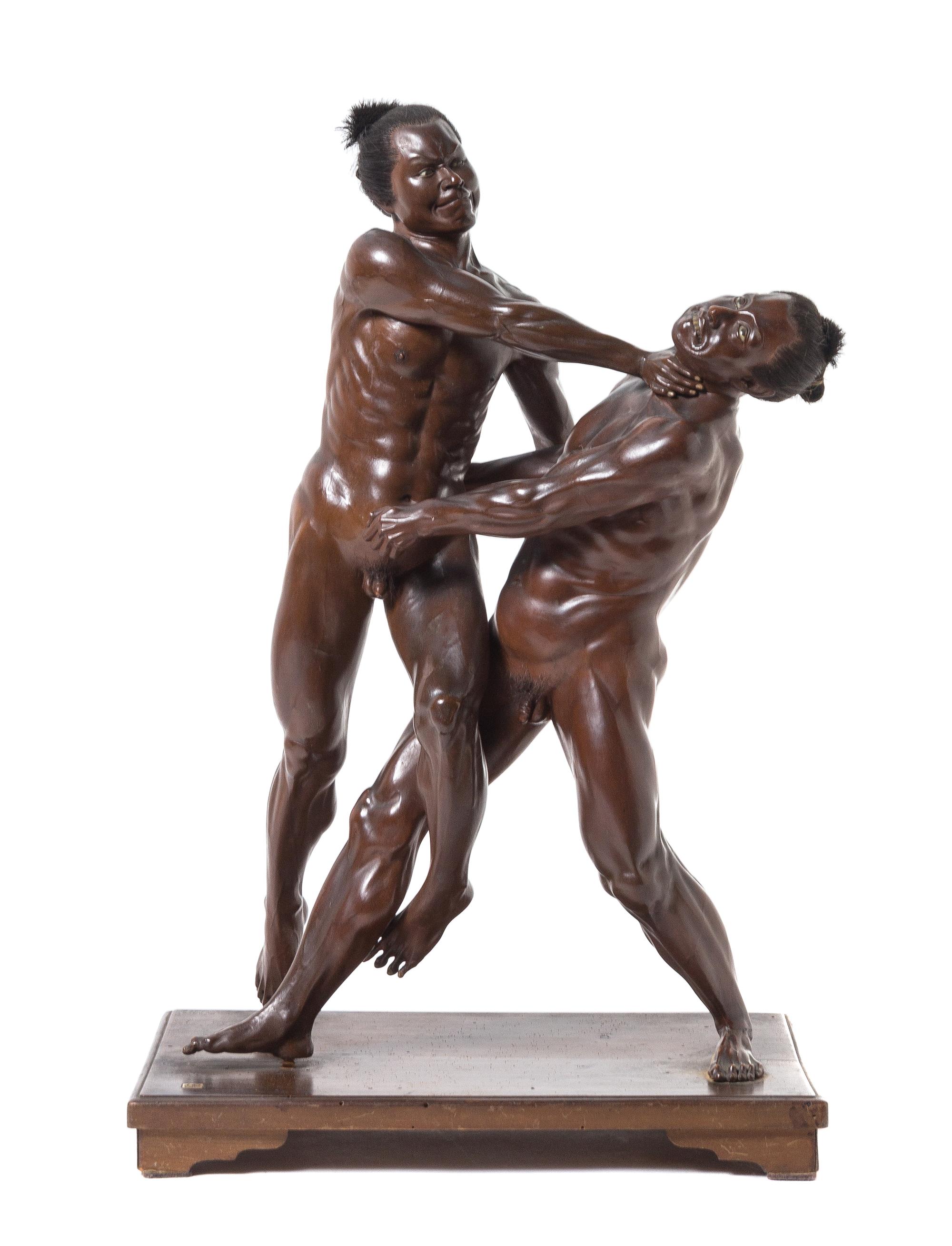 A Carved Wood Figural Group of Iki Ningyo Wrestlers Height 19 3/4 inches. — MEIJI PERIOD, LATE 19TH CENTURY