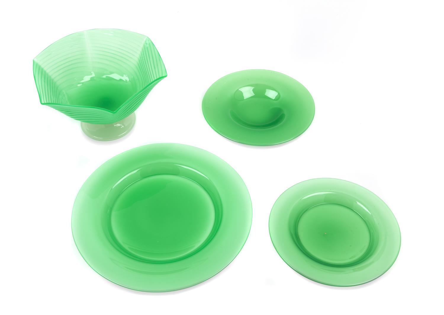 A Group of Four Green Steuben Objects Diameter of largest 8 5/8 inches. — 20TH CENTURY