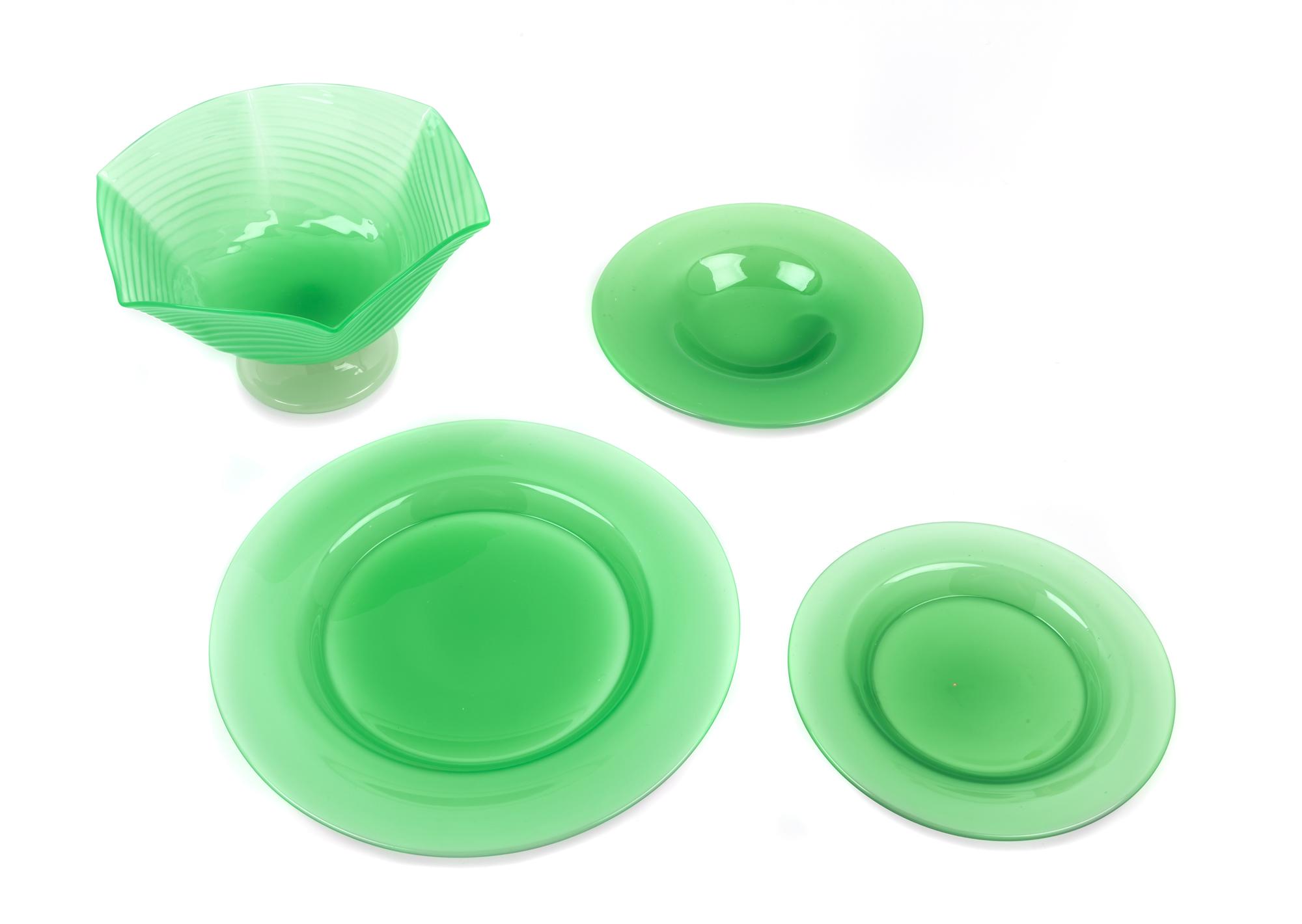 A Group of Four Green Steuben Objects Diameter of largest 8 5/8 inches. — 20TH CENTURY