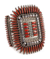 Zuni Sterling Silver and Coral Cluster Cuff Bracelet