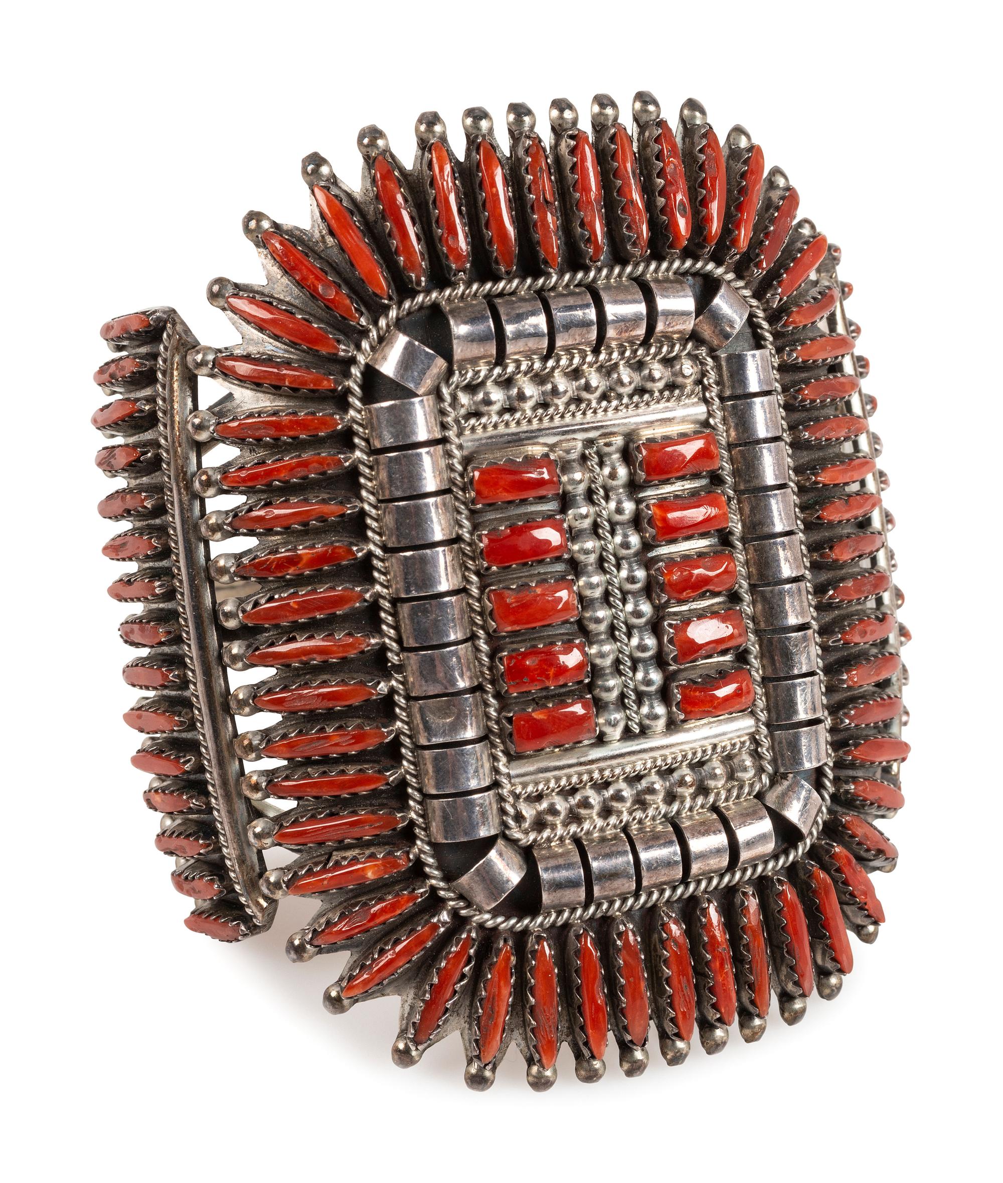 Zuni Sterling Silver and Coral Cluster Cuff Bracelet