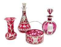 A Group of Four Silver Overlay Glass Articles Height of tallest 7 1/2 inches.