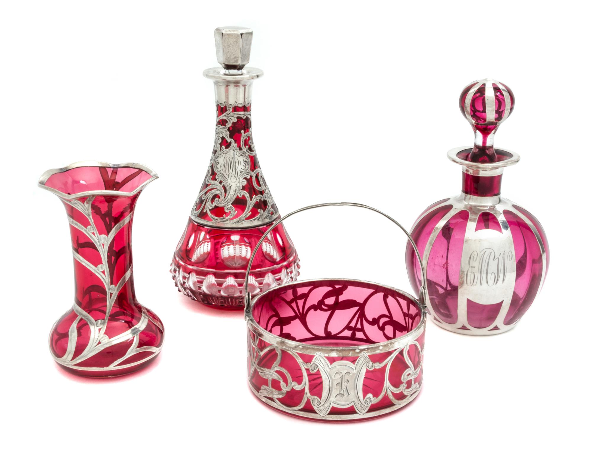 A Group of Four Silver Overlay Glass Articles Height of tallest 7 1/2 inches.