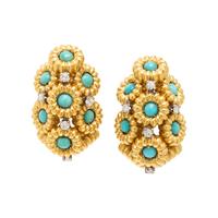 Turquoise, Diamond, and Yellow Gold Earrings