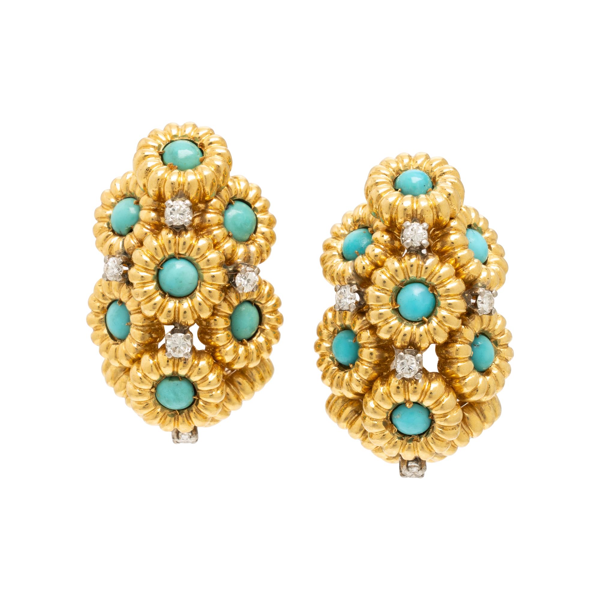 Turquoise, Diamond, and Yellow Gold Earrings