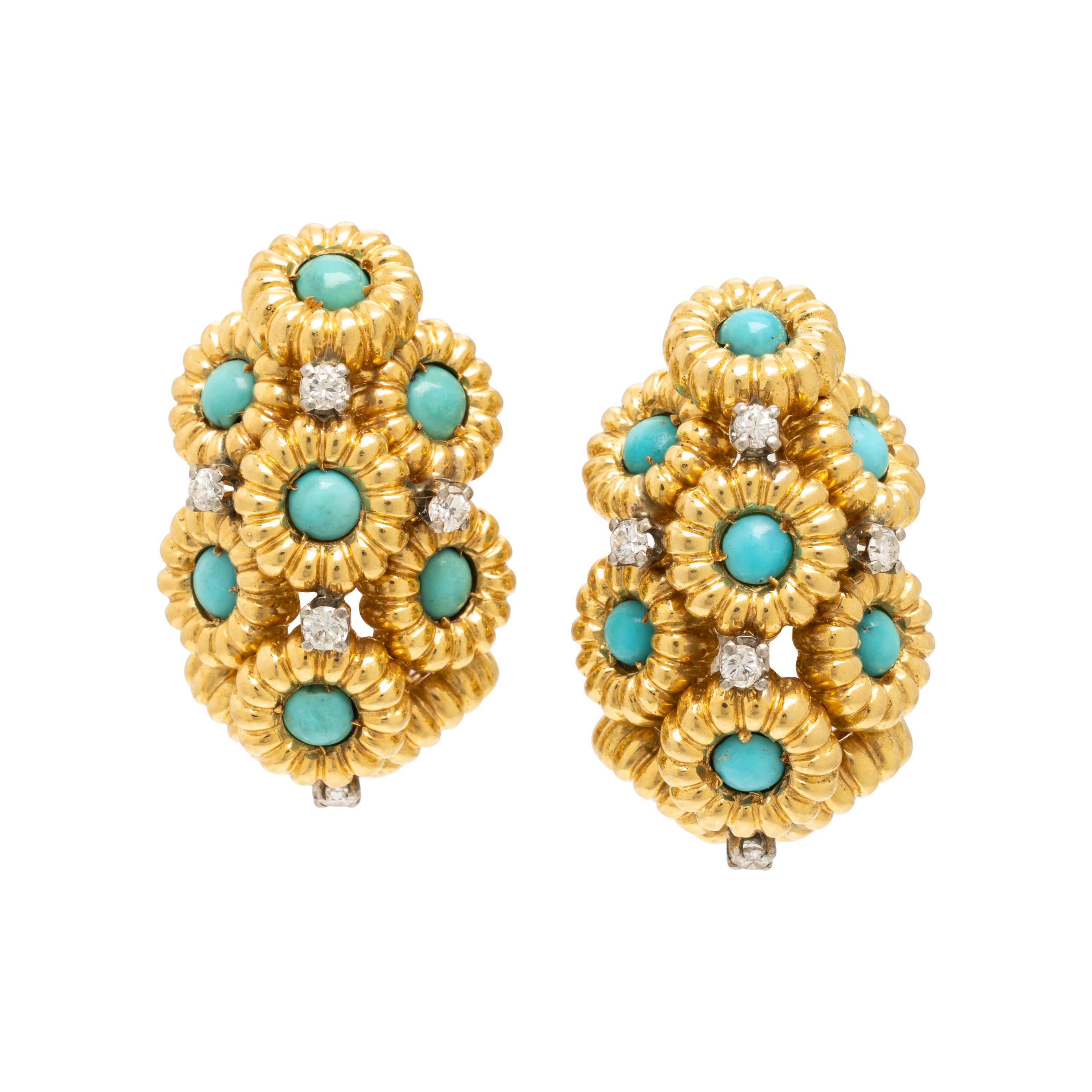 Turquoise, Diamond, and Yellow Gold Earrings