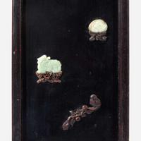 A pair of Chinese jade and hardstone embellished wood panels