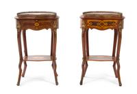 A Near Pair of Louis XV Style Gilt Metal Mounted Various Woods Marquetry Side Tables, Height 31 1/4 x width 19 3/4 x depth 13 inches.
