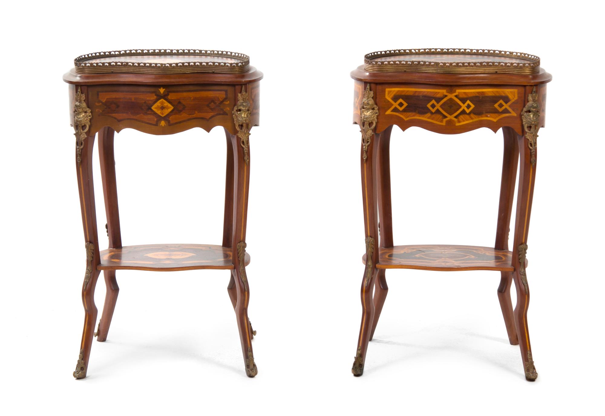 A Near Pair of Louis XV Style Gilt Metal Mounted Various Woods Marquetry Side Tables, Height 31 1/4 x width 19 3/4 x depth 13 inches.