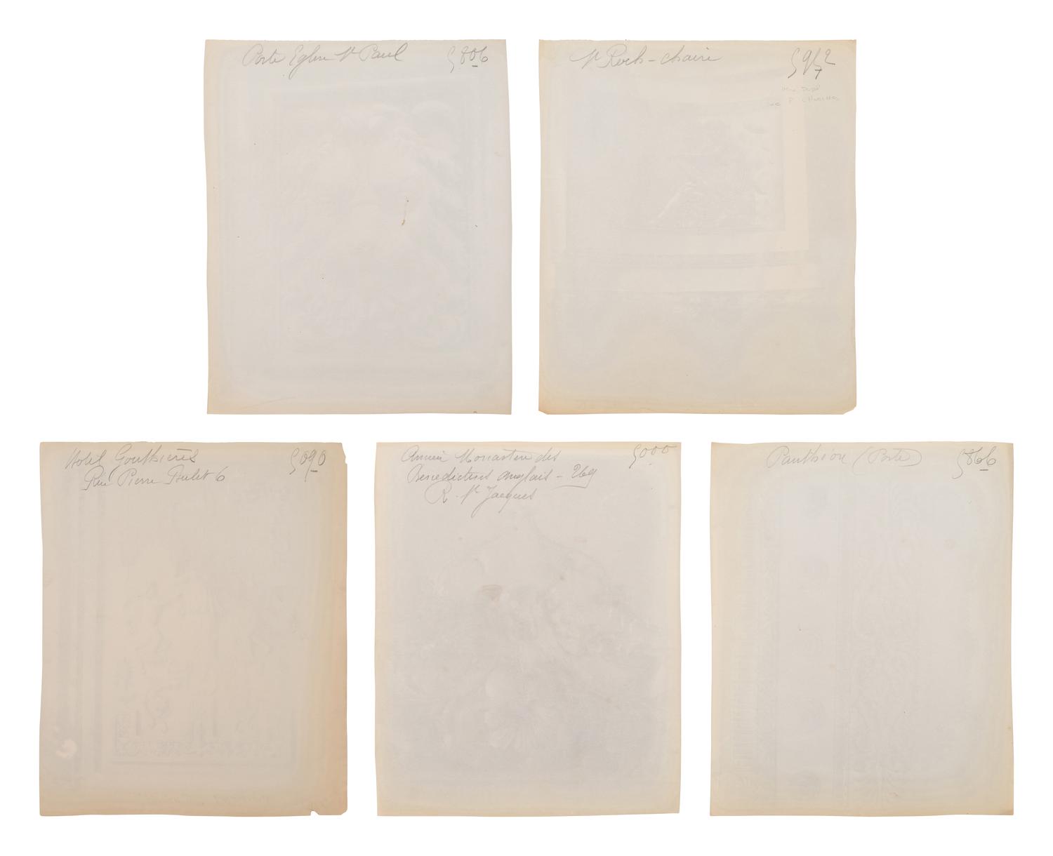A group of five photographs depicting architectural elements ( Ancien monastère des Bénédictins anglais, 269 rue Saint-Jacques , 1905; Hôtel Gouthières, rue Pierre Bulet 6 , 1905; Porte, L'église Saint-Paul , 1911; Panthéon (porte) , 1911-1912; Saint-Roch - Chaire , 1912)
