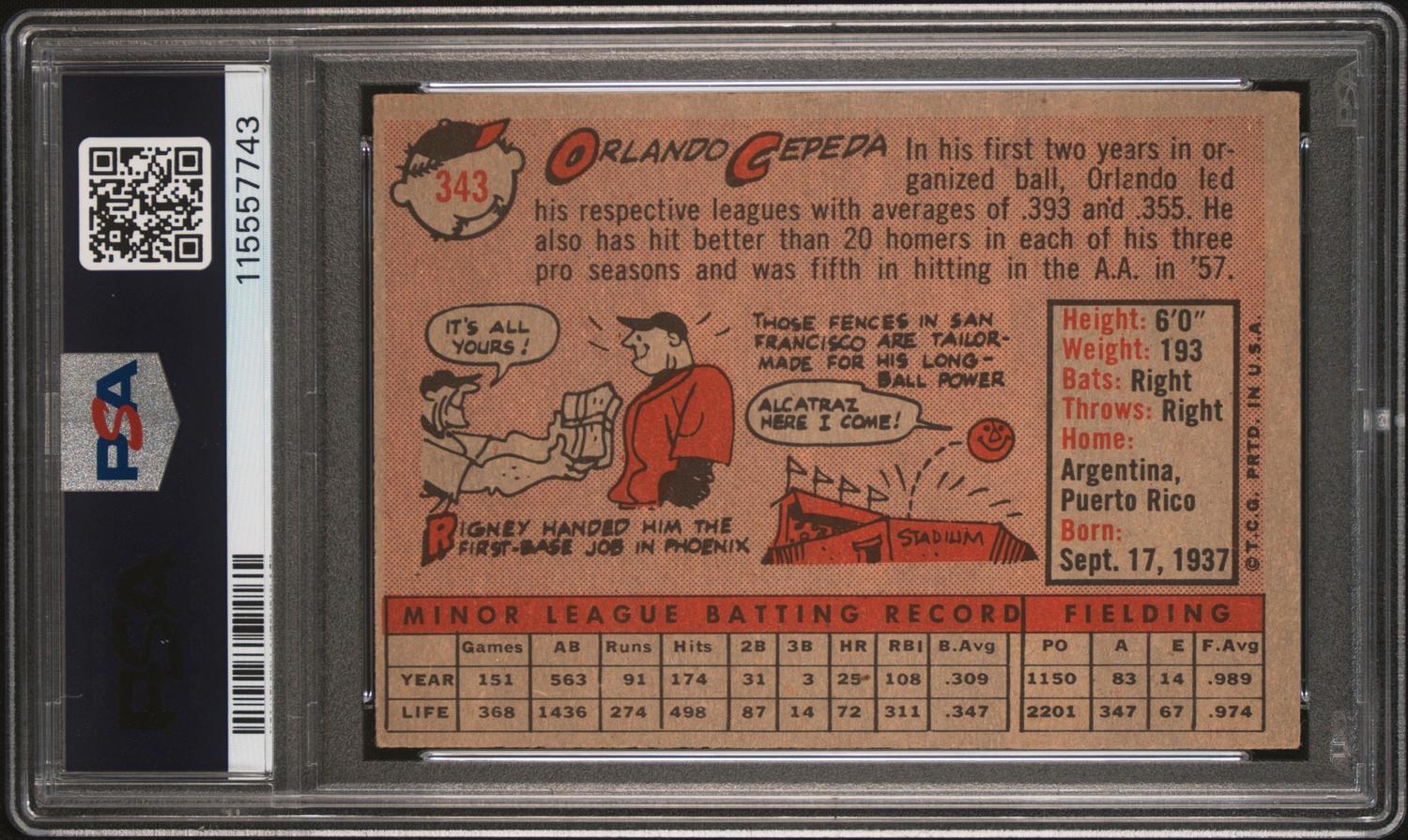 A 1958 Topps Orlando Cepeda Rookie Baseball Card No. 343 (PSA 4 VG-EX) from The Collection of David Eisenhower