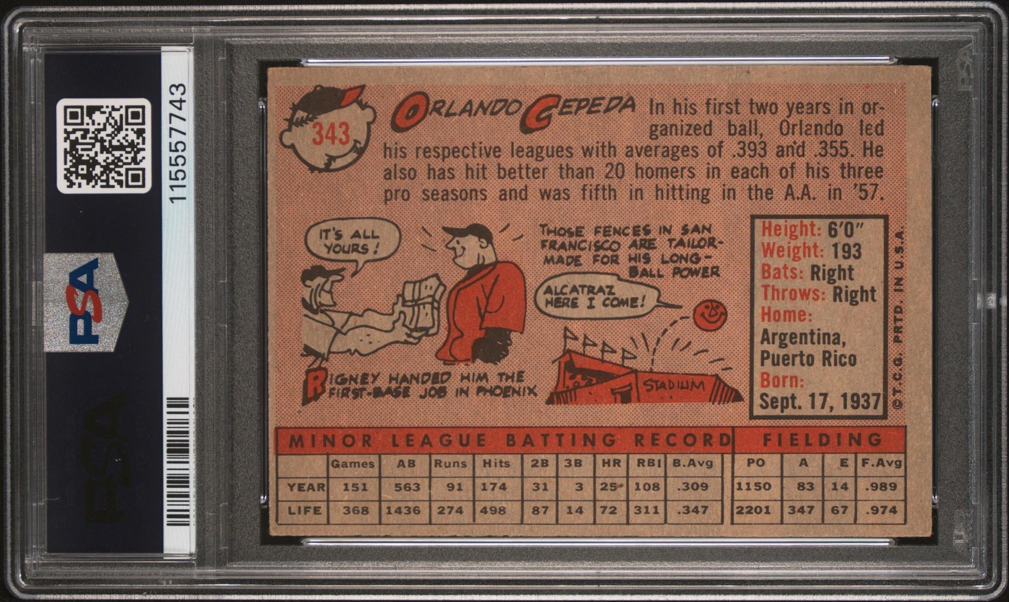 A 1958 Topps Orlando Cepeda Rookie Baseball Card No. 343 (PSA 4 VG-EX) from The Collection of David Eisenhower