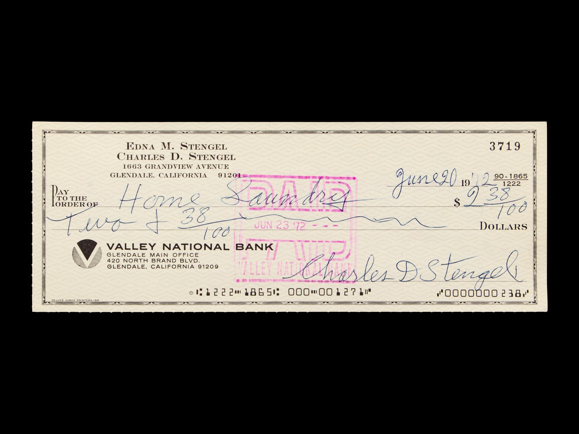 A Casey Stengel Signed Autograph Check