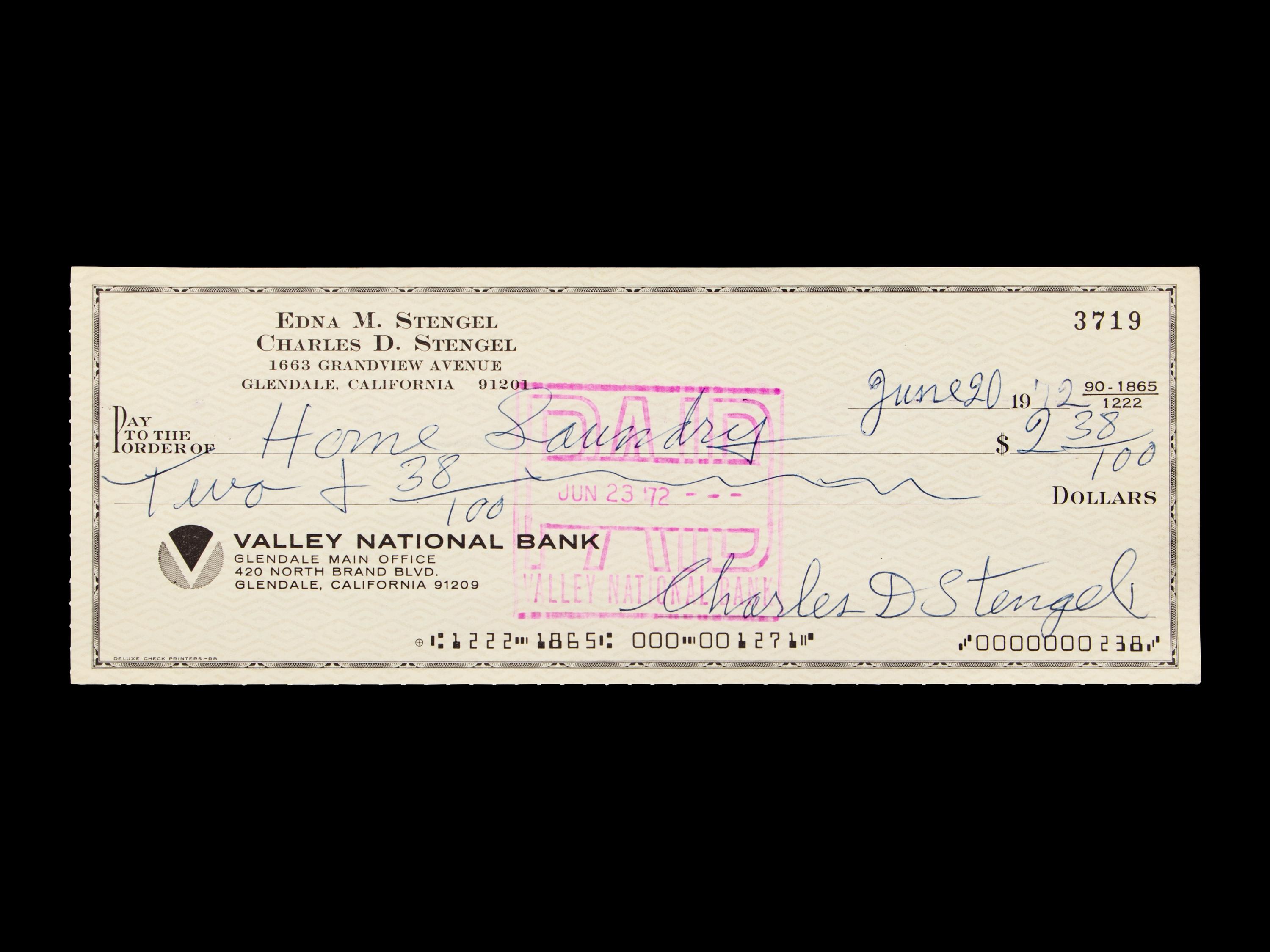 A Casey Stengel Signed Autograph Check