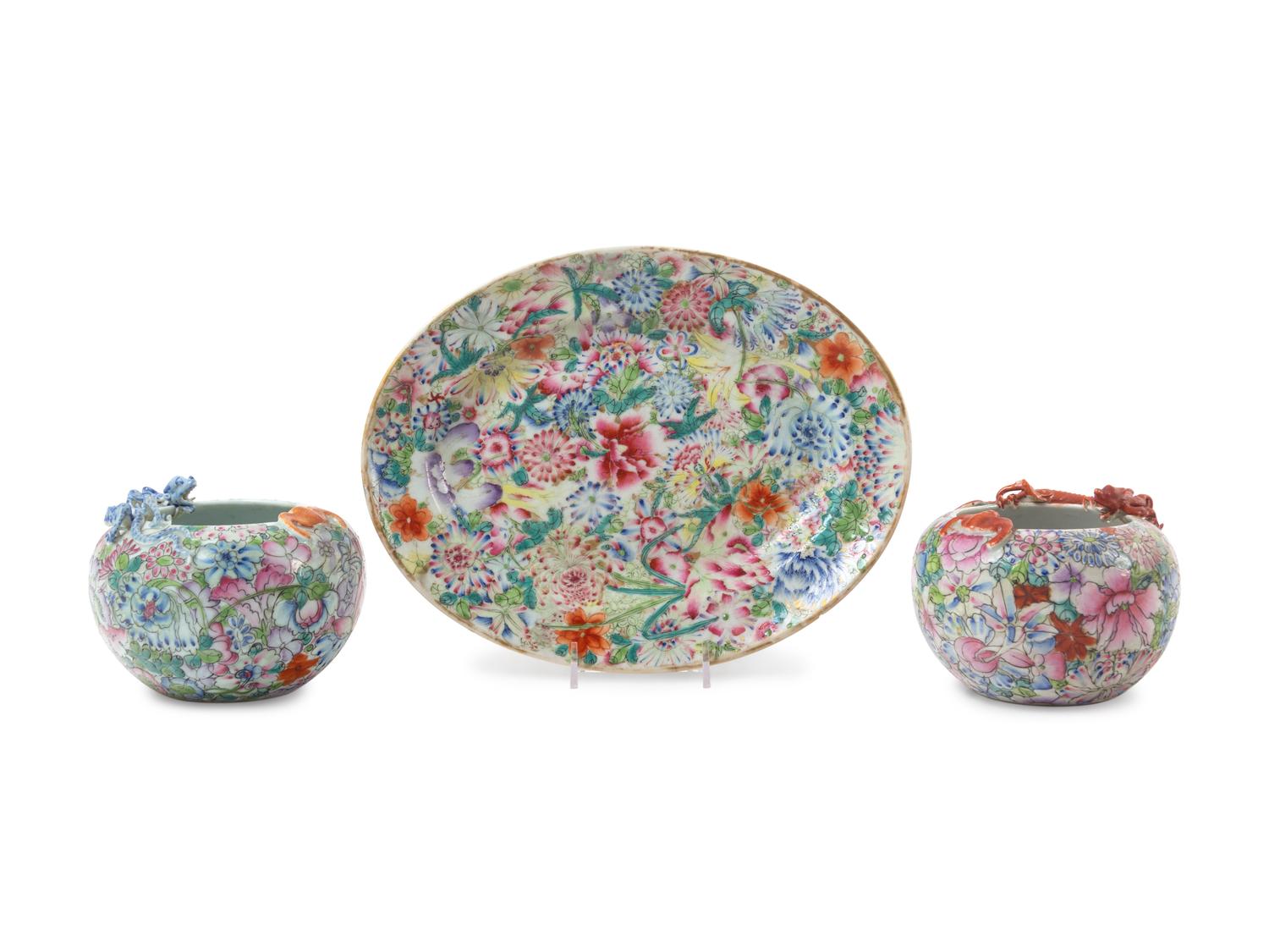 Three Chinese Famille Rose 'Millefleur' Porcelain Articles