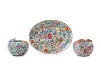 Three Chinese Famille Rose 'Millefleur' Porcelain Articles