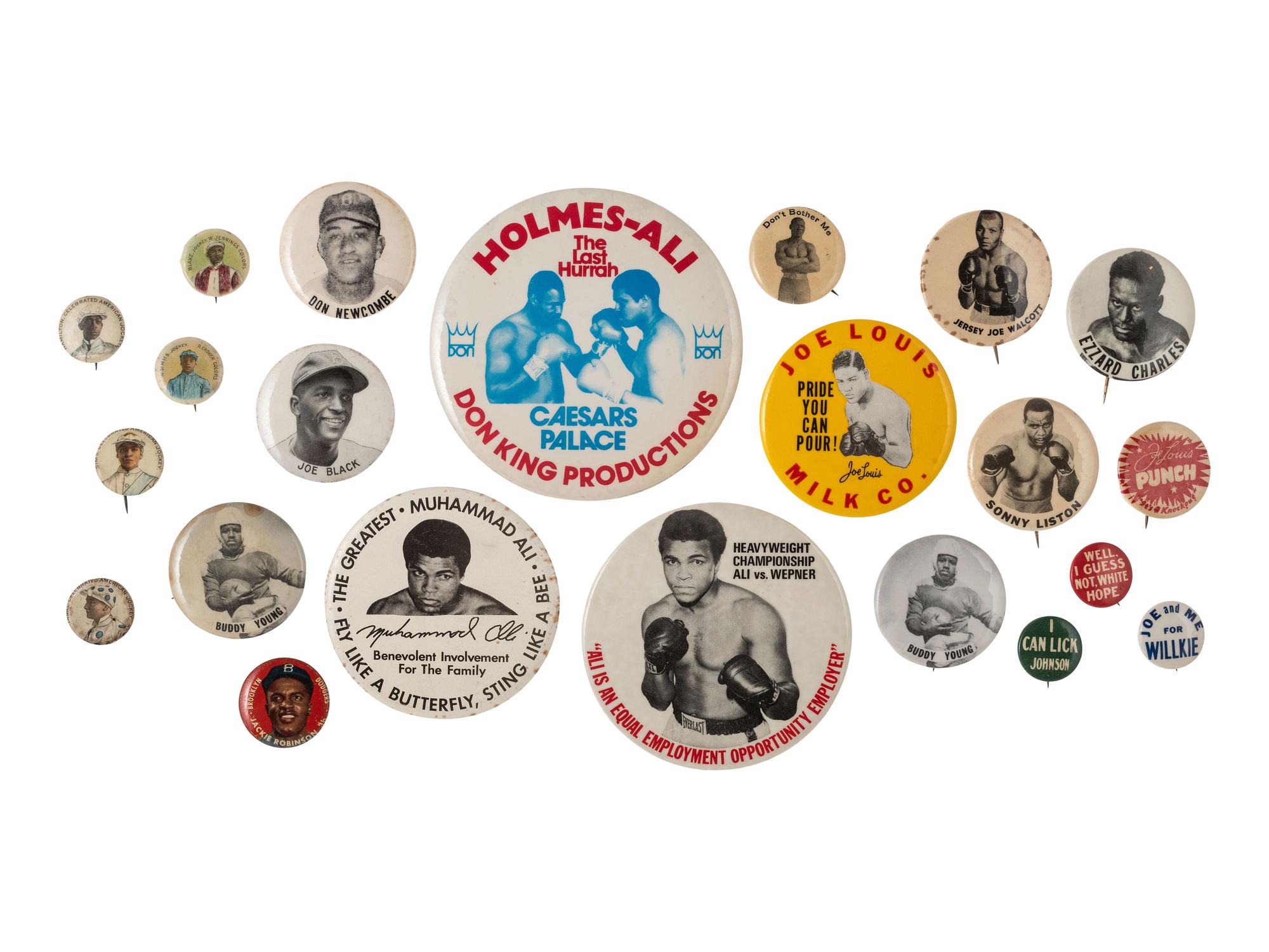 [AFRICAN AMERICANA - SPORTS]. A group of 22 pinbacks related to African American boxers, football players, jockeys, and baseball players incl. Joe LOUIS, Muhammad ALI, Ezzard CHARLES, Joe WALCOTT, Buddy YOUNG, Don NEWCOMBE, and Joe BLACK.