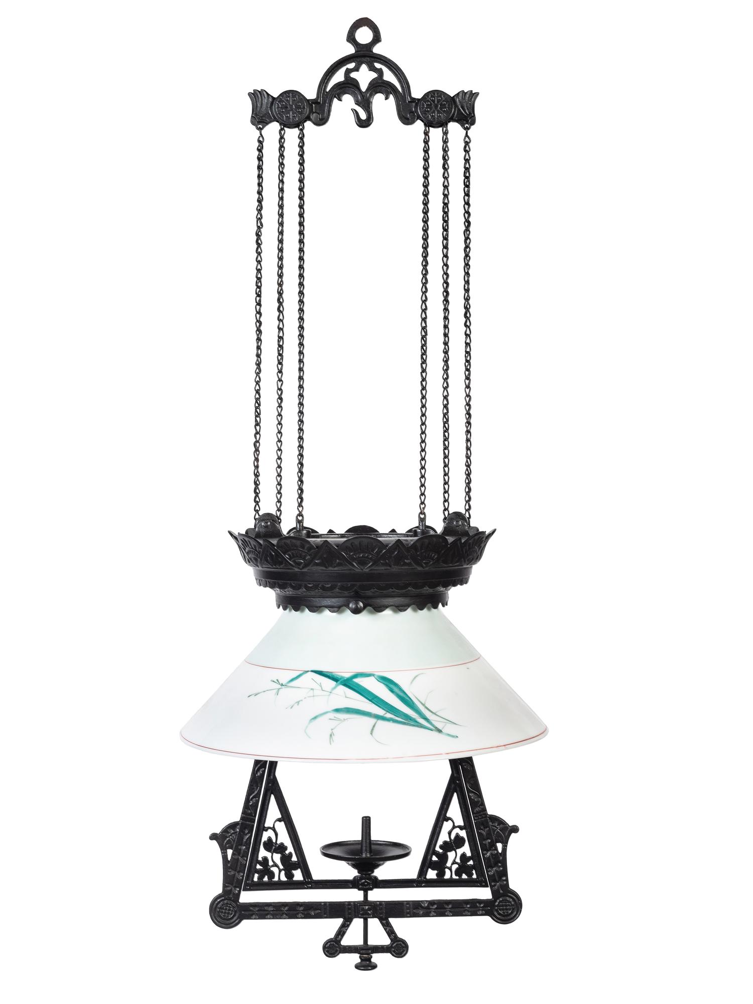 A Victorian Cast Iron and Painted Glass Adjustable Hanging Oil Lamp
