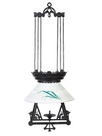 A Victorian Cast Iron and Painted Glass Adjustable Hanging Oil Lamp