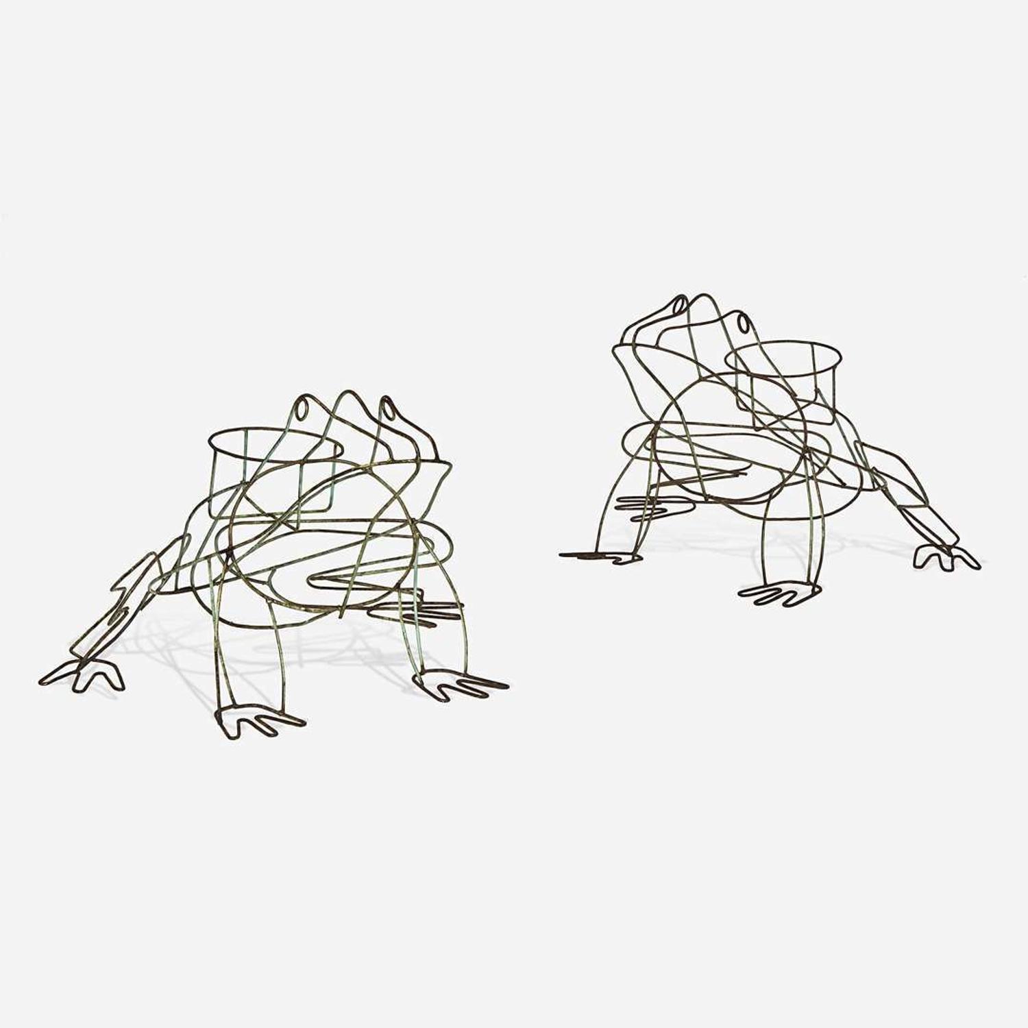 A pair of wirework frog-form garden planters Mid-20th century