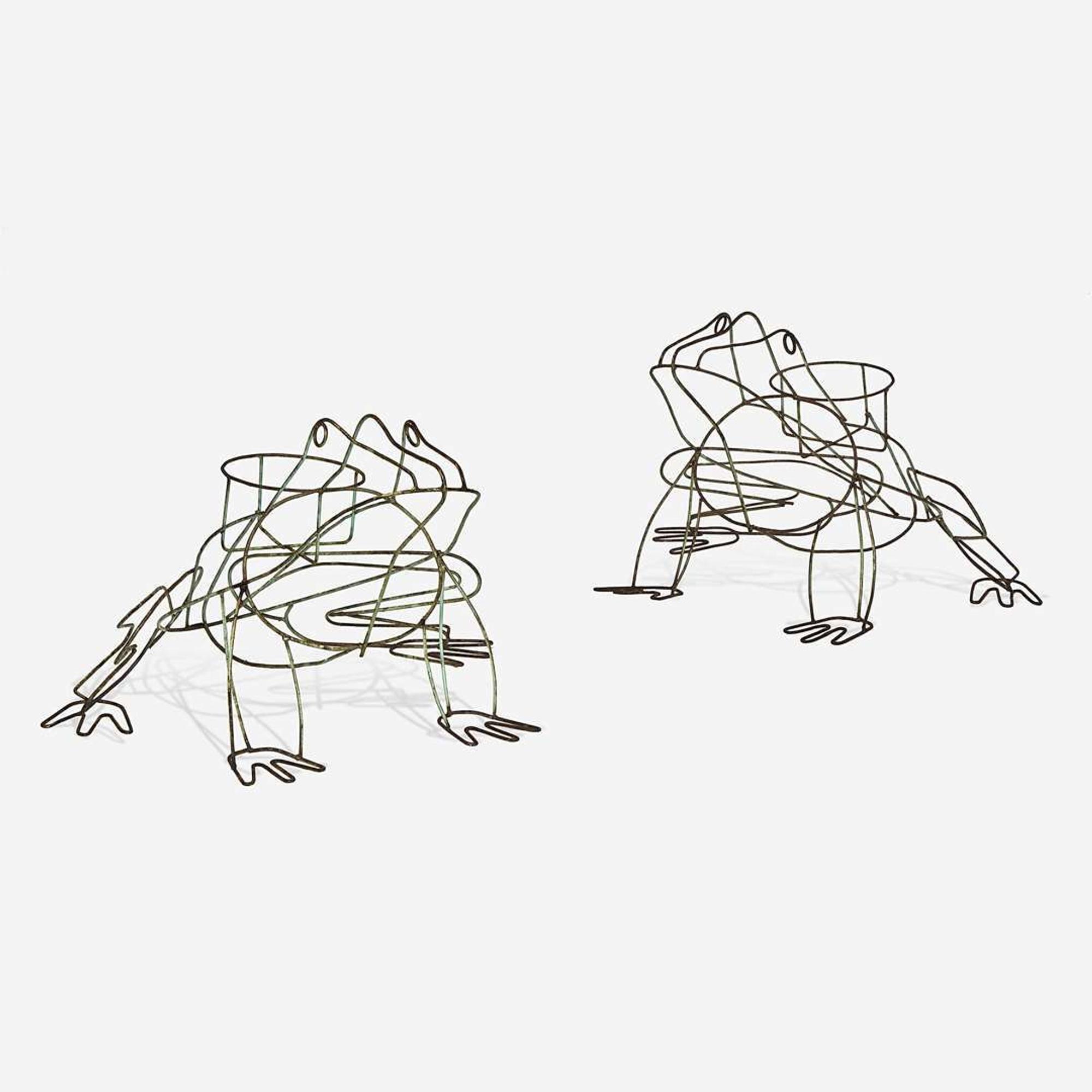 A pair of wirework frog-form garden planters Mid-20th century