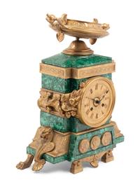 An Empire Style Gilt Bronze and Malachite Veneered Mantel Clock
