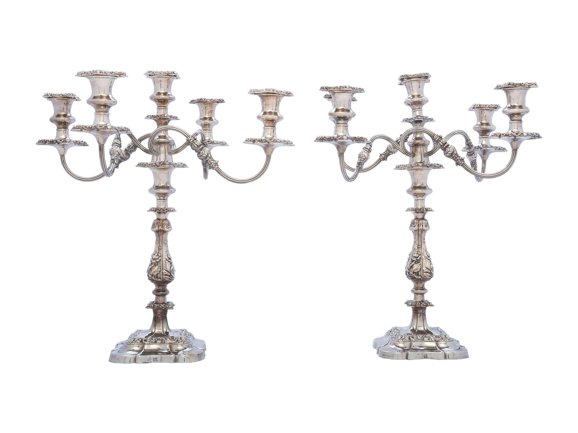 A Pair of English Silverplate Five-Light Candelabra